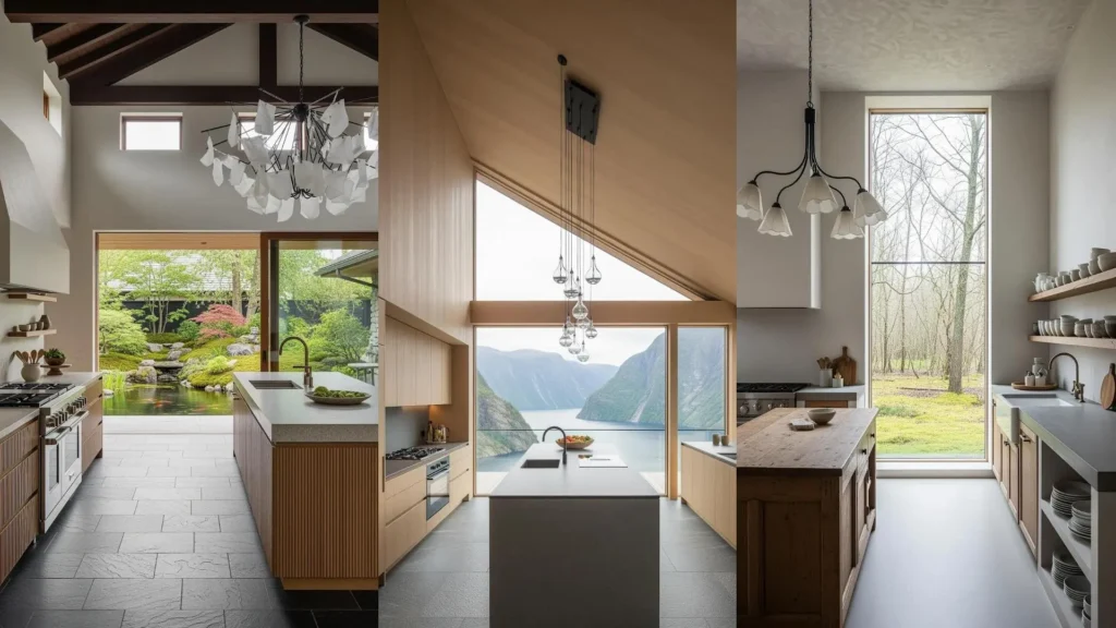 Tre cucine di design con soffitti alti, lampadari imponenti e finestrature panoramiche su natura mozzafiato.