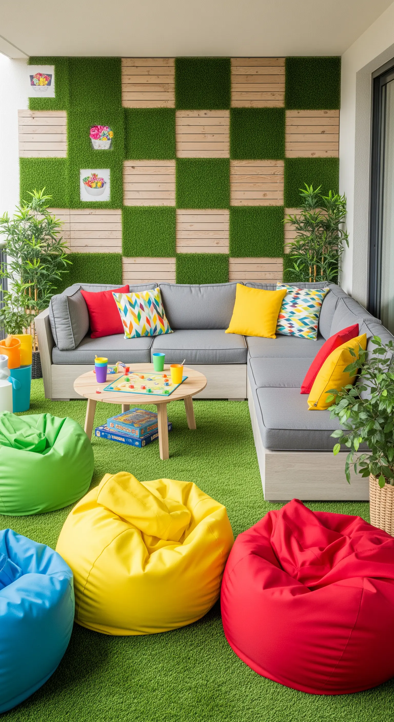 Balcone a misura di bambino con prato sintetico, divano grigio e pouf a sacco colorati.