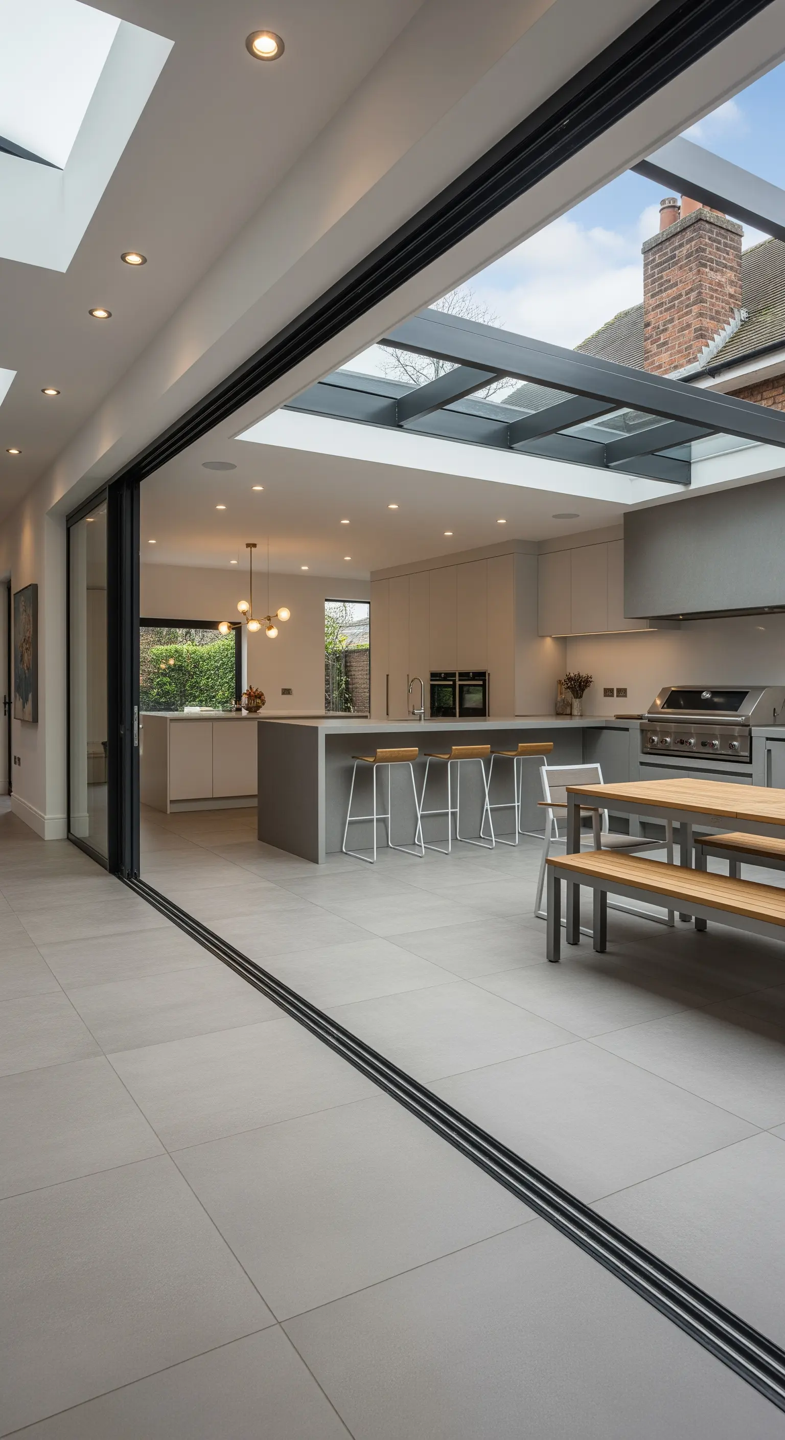 Cucina moderna con isola che si apre su un patio con lo stesso pavimento e un lucernario