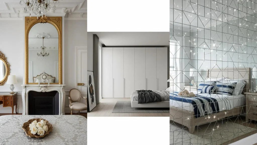 Collage di camere da letto arredate con grandi specchi e superfici riflettenti per ampliare visivamente lo spazio.