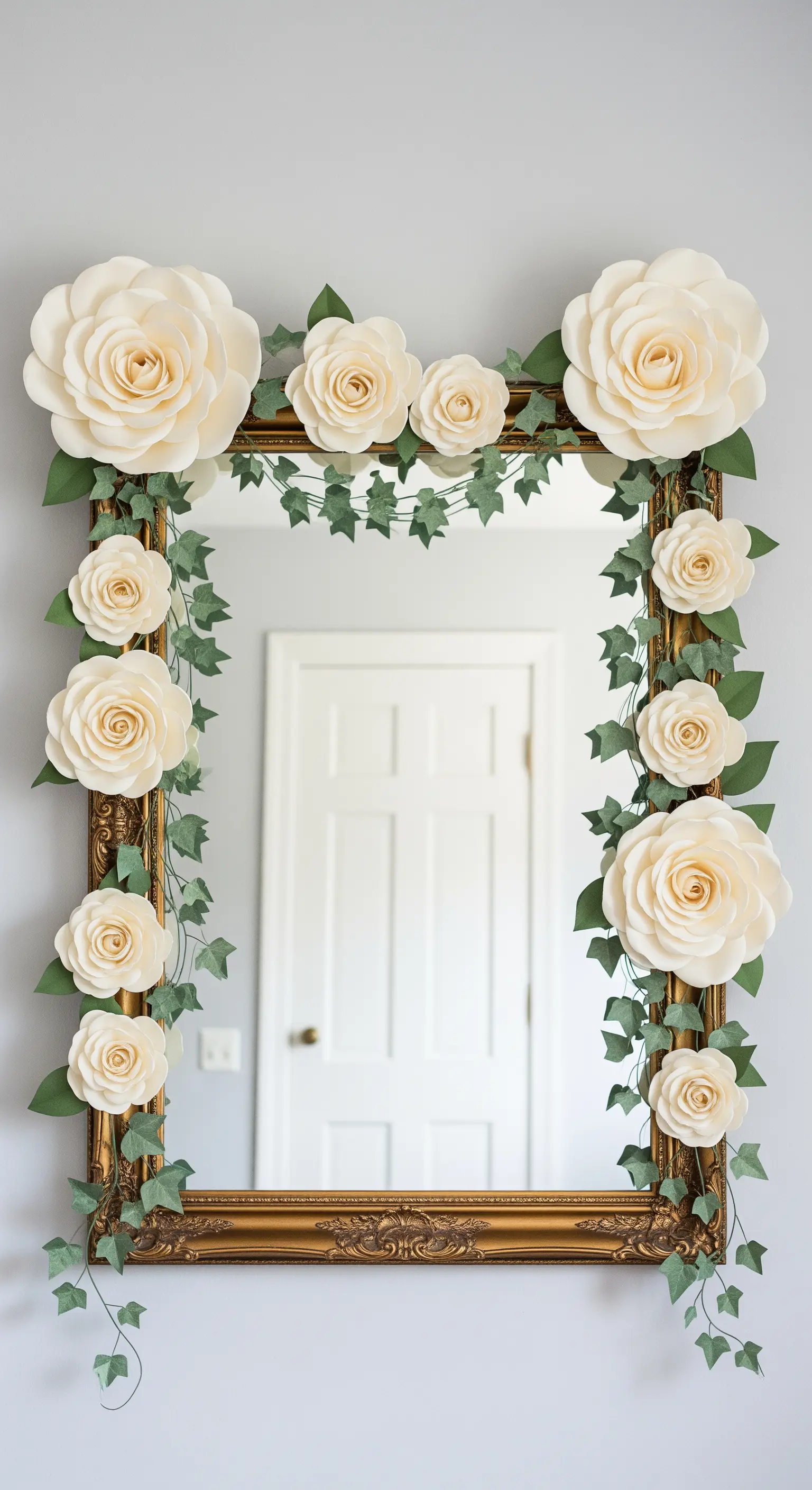 Uno specchio con cornice dorata decorato con una ghirlanda di rose di carta bianche ed edera.
