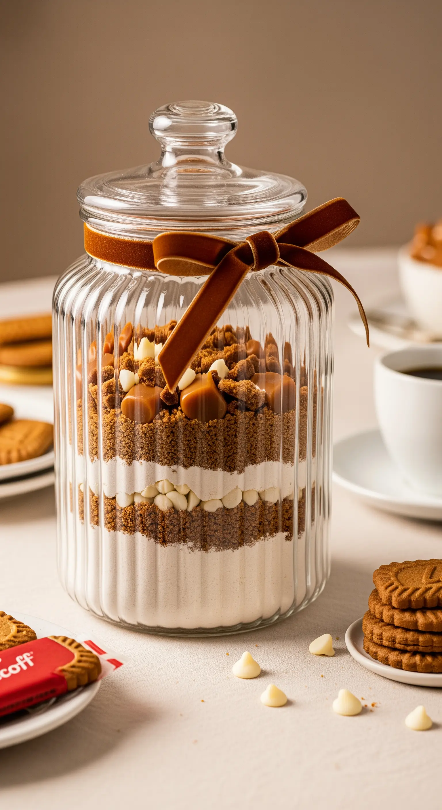 Preparato per biscotti Speculoos in un barattolo di vetro a coste con un nastro di velluto.