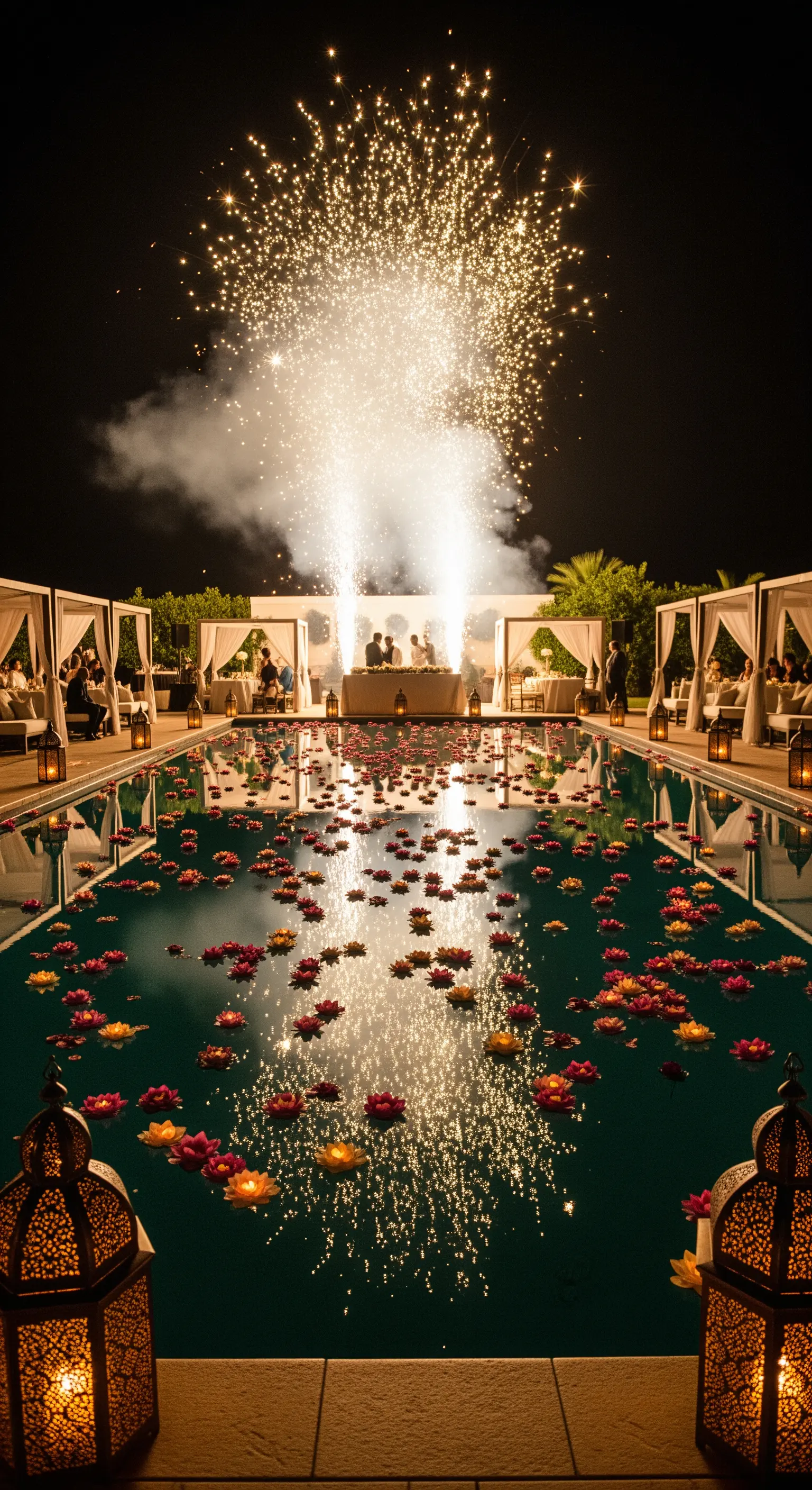 Piscina di notte piena di fiori di loto galleggianti, con fontane di fuochi d'artificio al centro