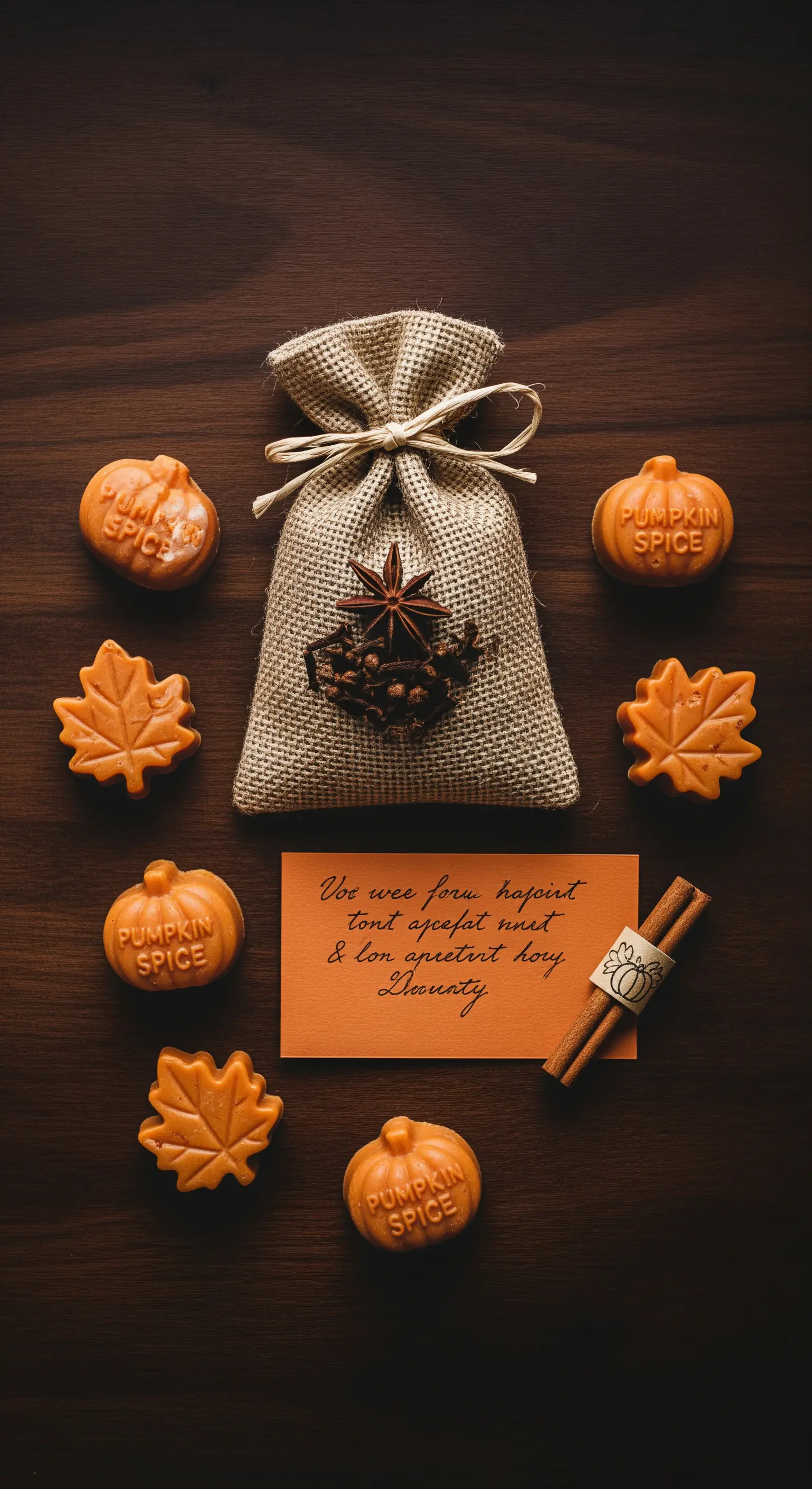 Saponi a forma di zucca e foglia, sacchetto di iuta con spezie e un biglietto color terracotta.