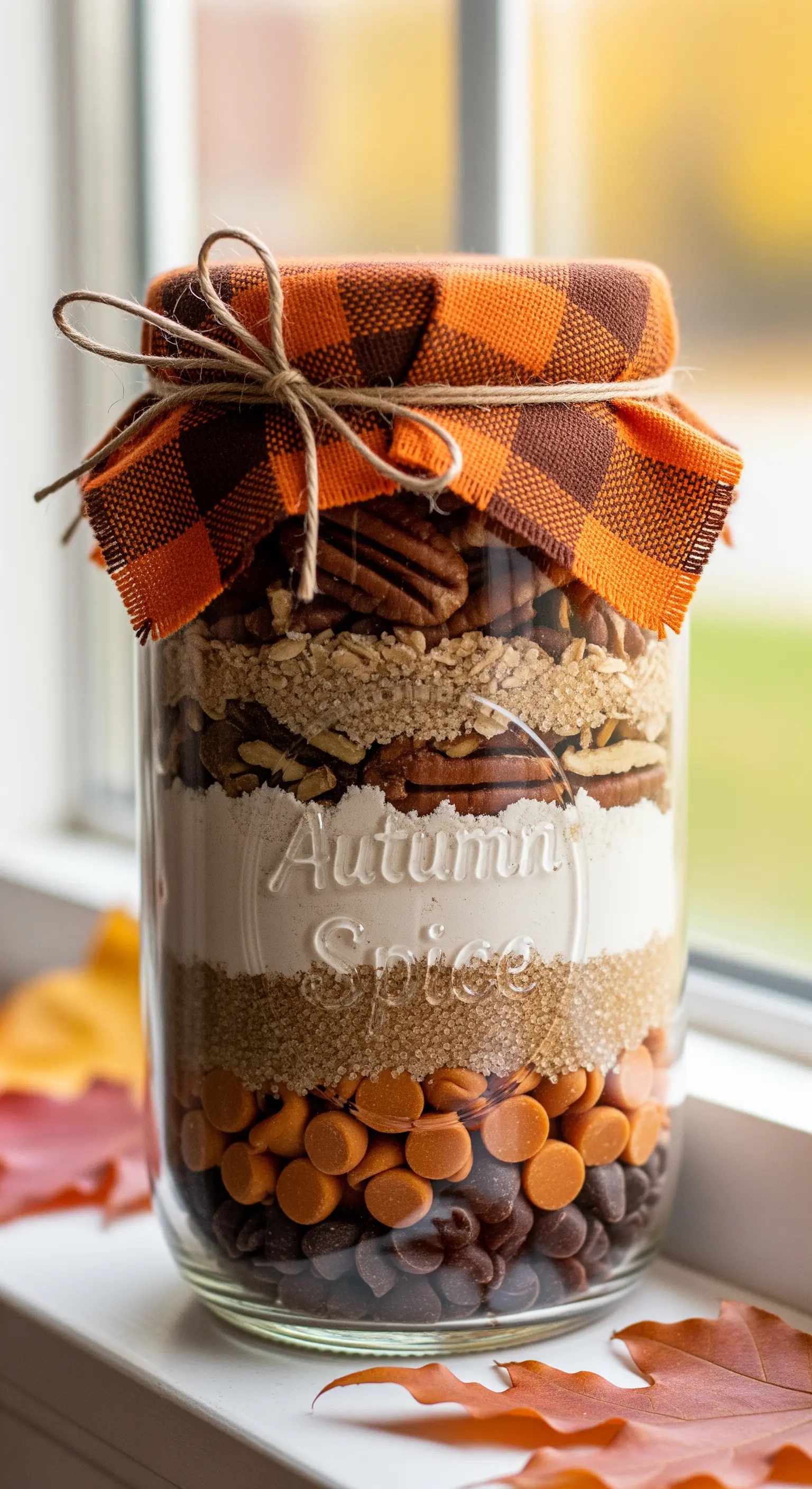 Preparato per biscotti autunnali con noci pecan, spezie e coperchio in tessuto a quadri.