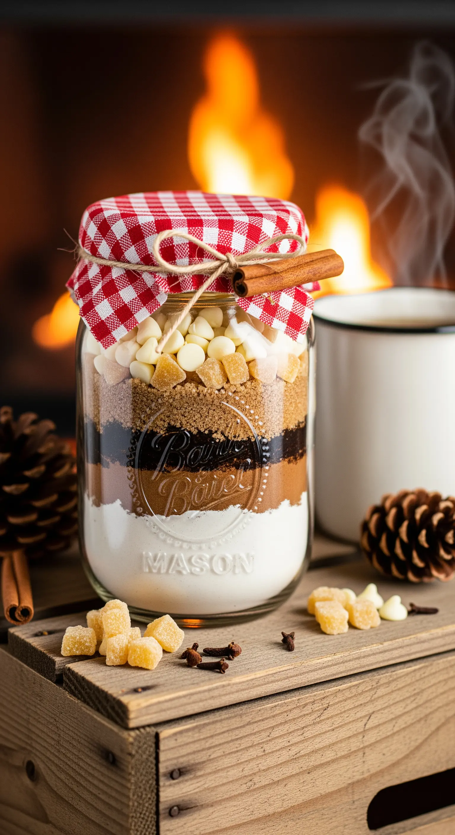 Preparato per biscotti speziati in un barattolo con coperchio a quadretti e stecca di cannella.