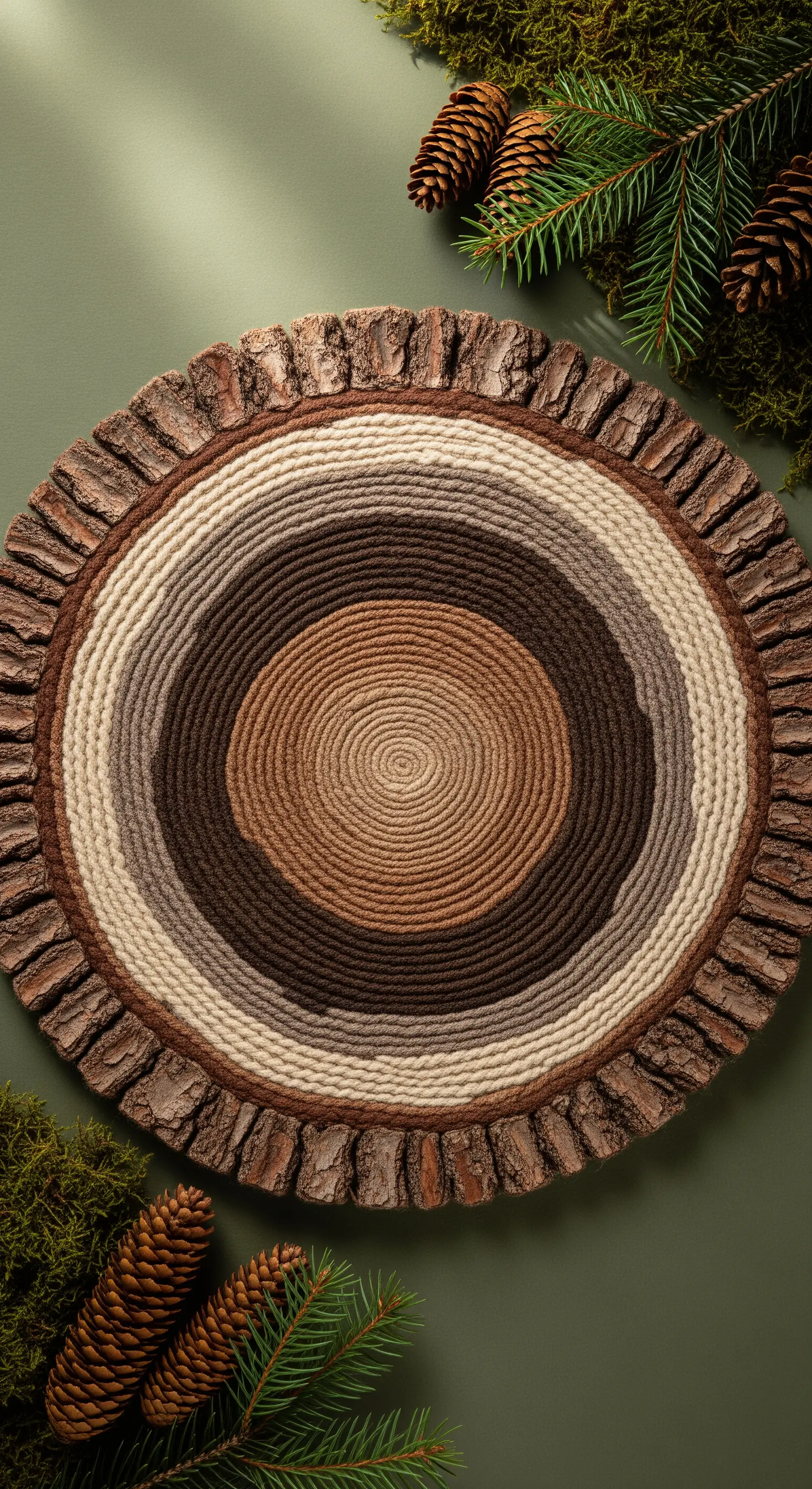 Tappeto rotondo con spirale di lana e bordo di corteccia d'albero, circondato da pigne.