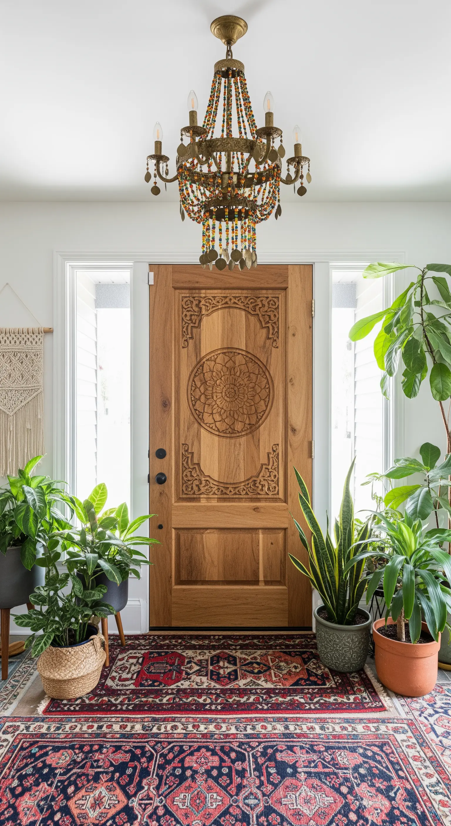 Ingresso bohémien con porta intagliata a mandala, tappeto persiano e tante piante verdi.