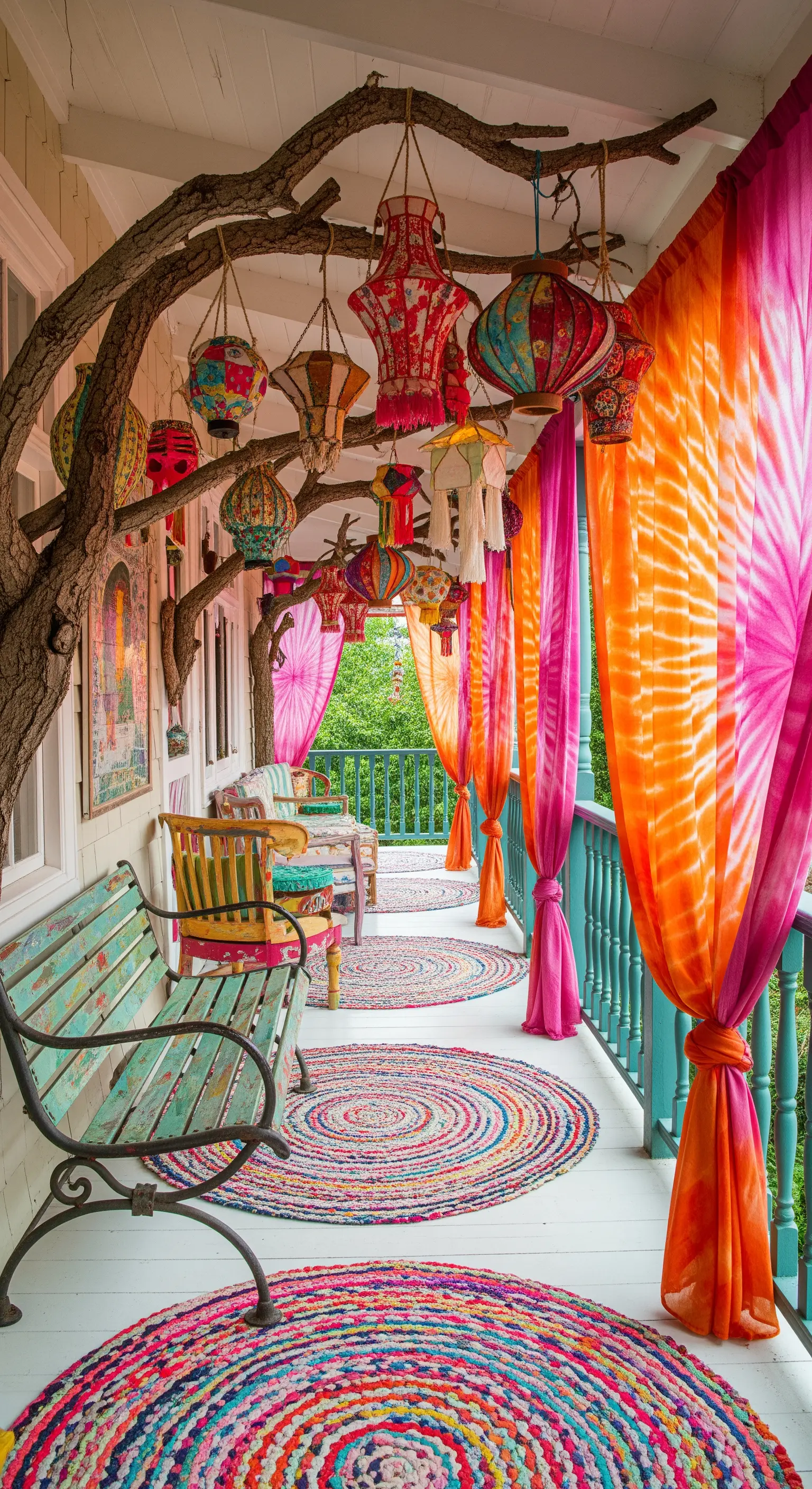 Portico bohémien super colorato con tende tie-dye, tappeti rotondi e lanterne di carta cinesi