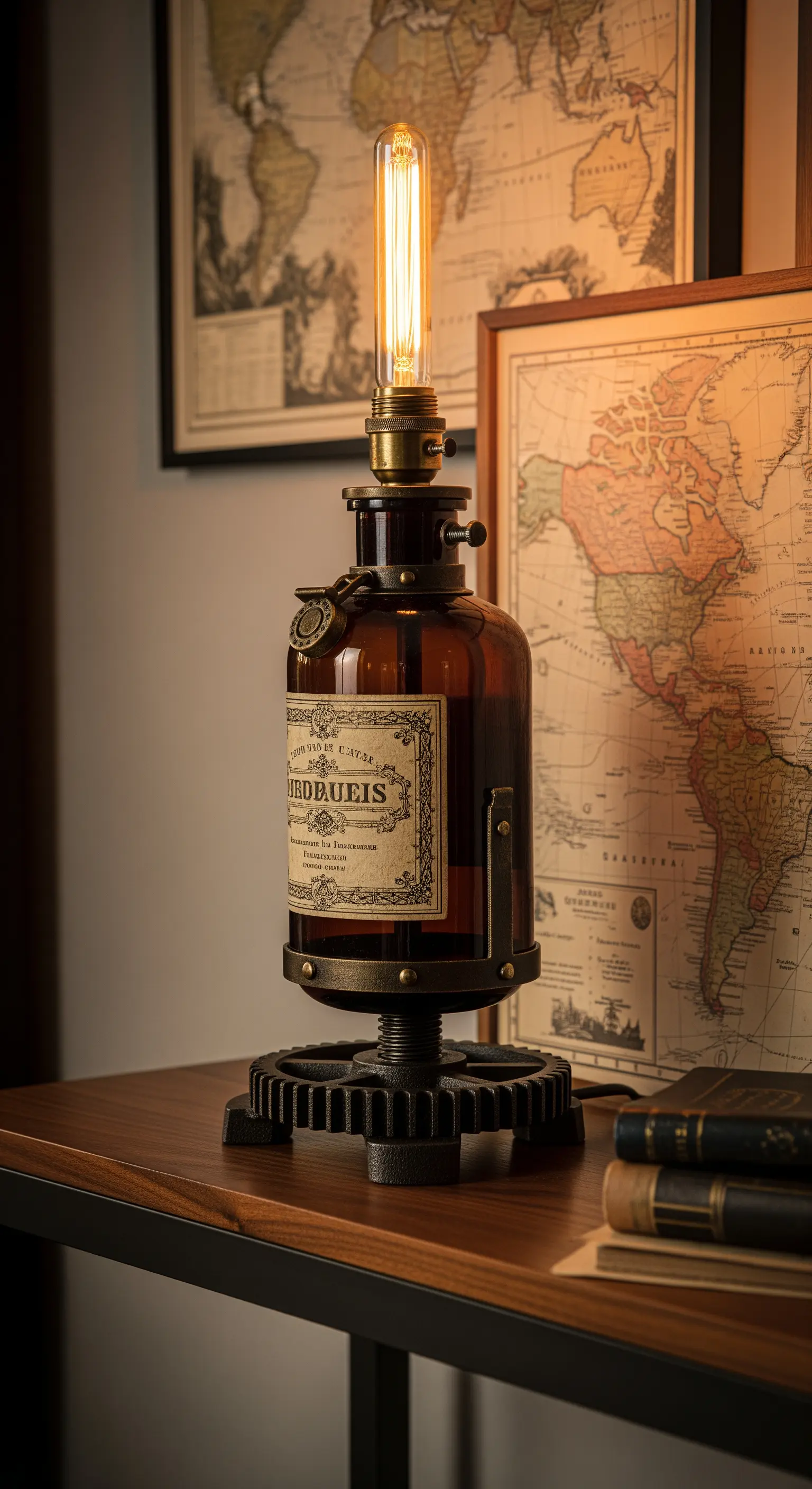 Lampada da tavolo steampunk con bottiglia da farmacia e base di ingranaggi metallici.
