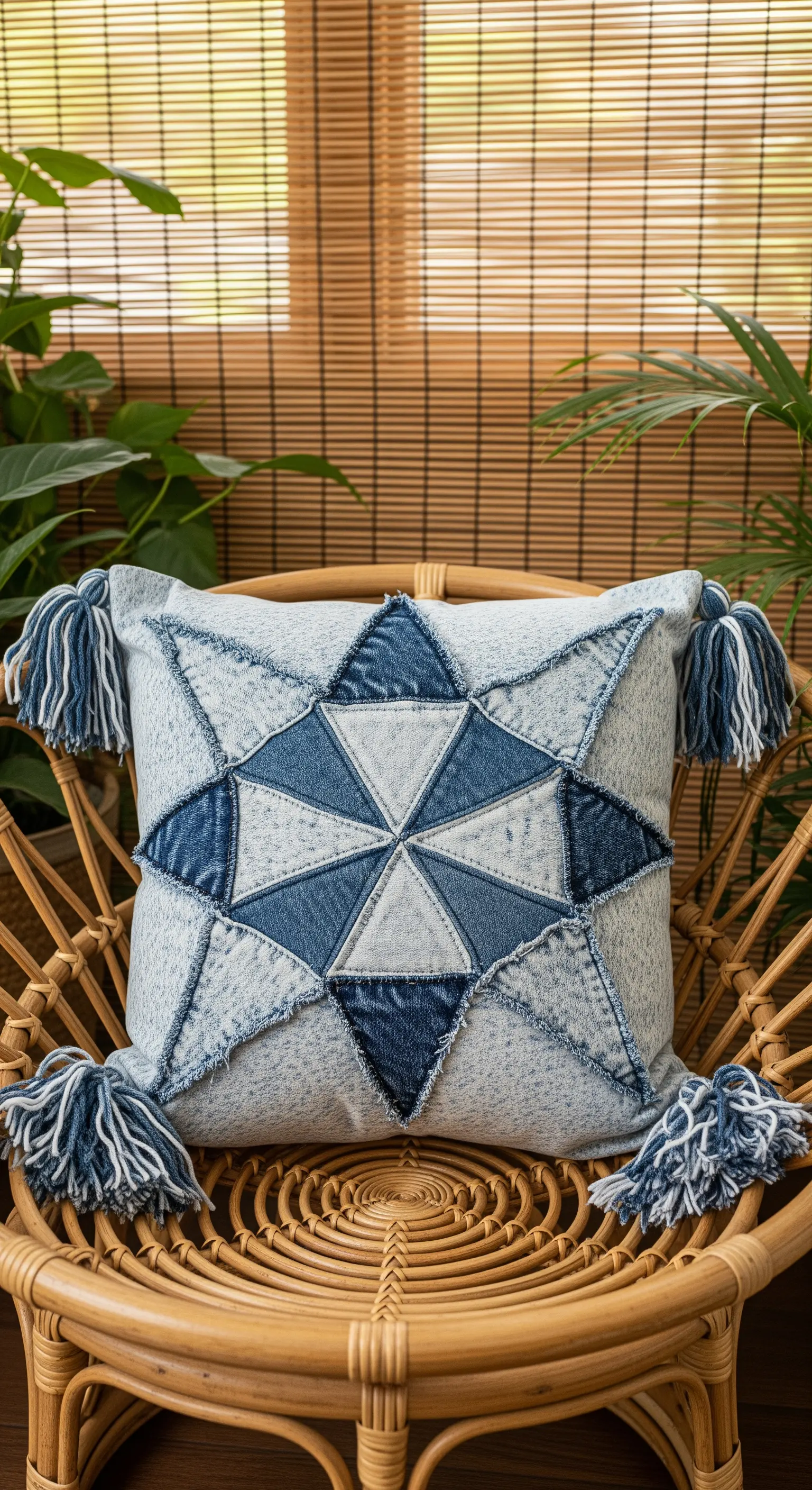 Cuscino in denim con motivo a stella, bordi sfrangiati e nappe decorative agli angoli.