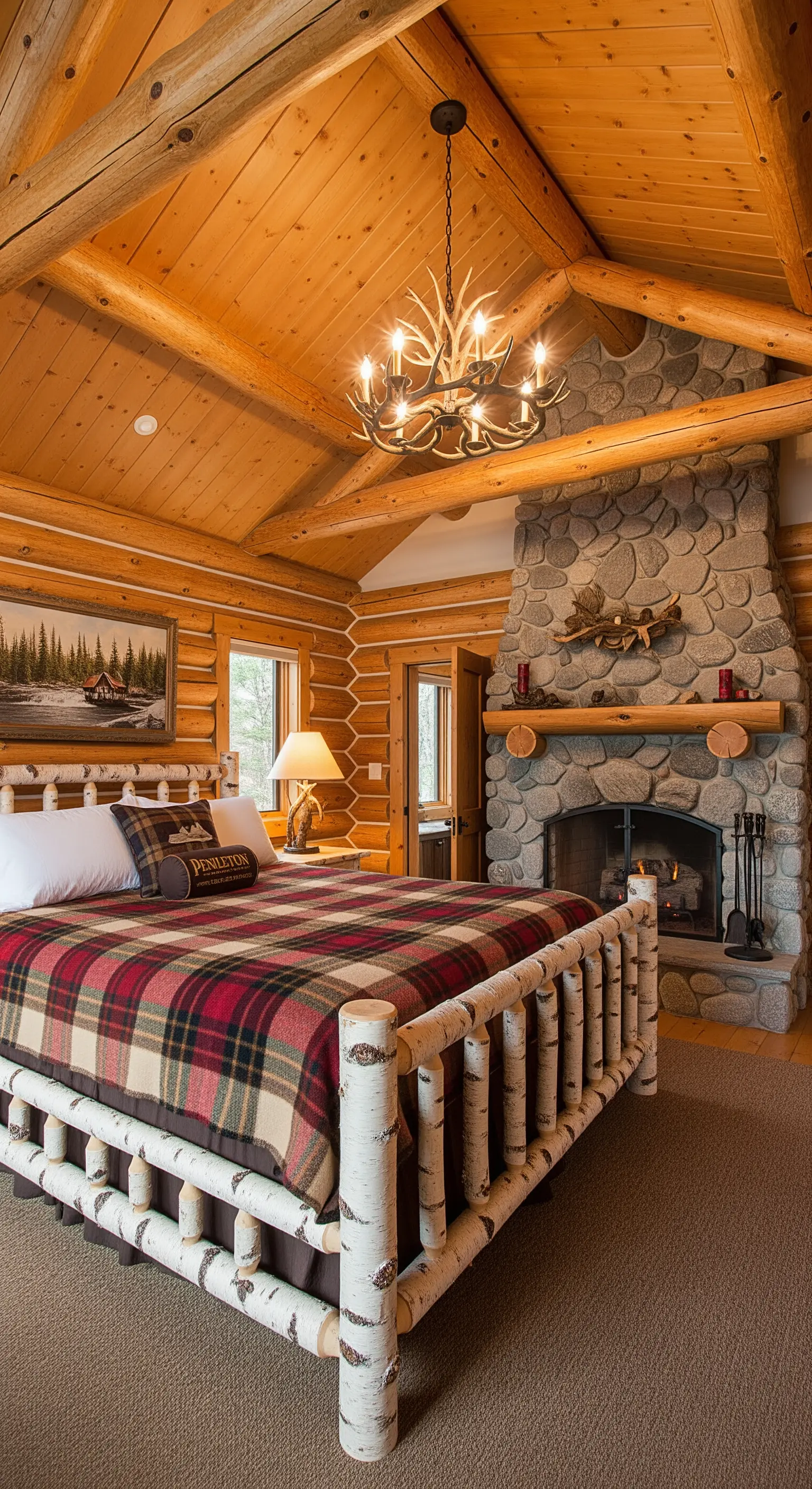 Camera da letto in stile baita con letto in tronchi di betulla, camino in pietra e coperta tartan.