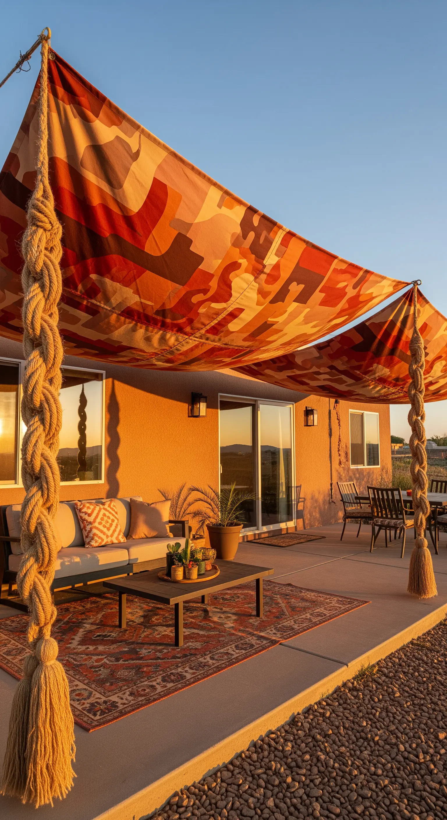 Tenda da sole con stampa mimetica nei toni della terra e spesse corde intrecciate.