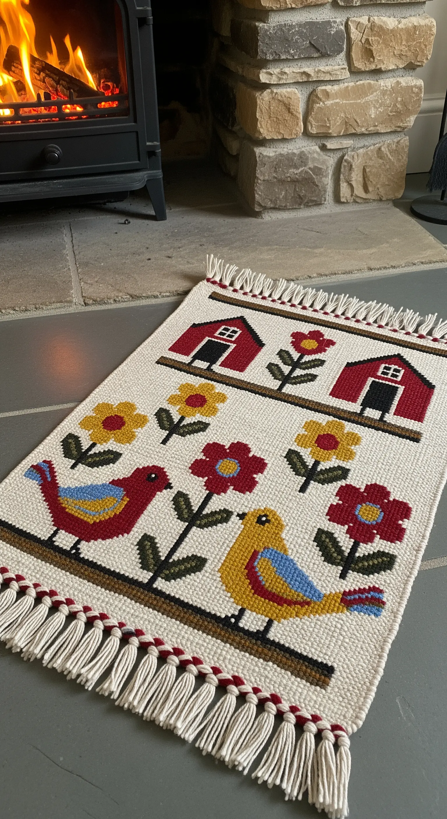 Tappeto in stile folk con disegni di casette, fiori e uccelli, vicino a un camino acceso.