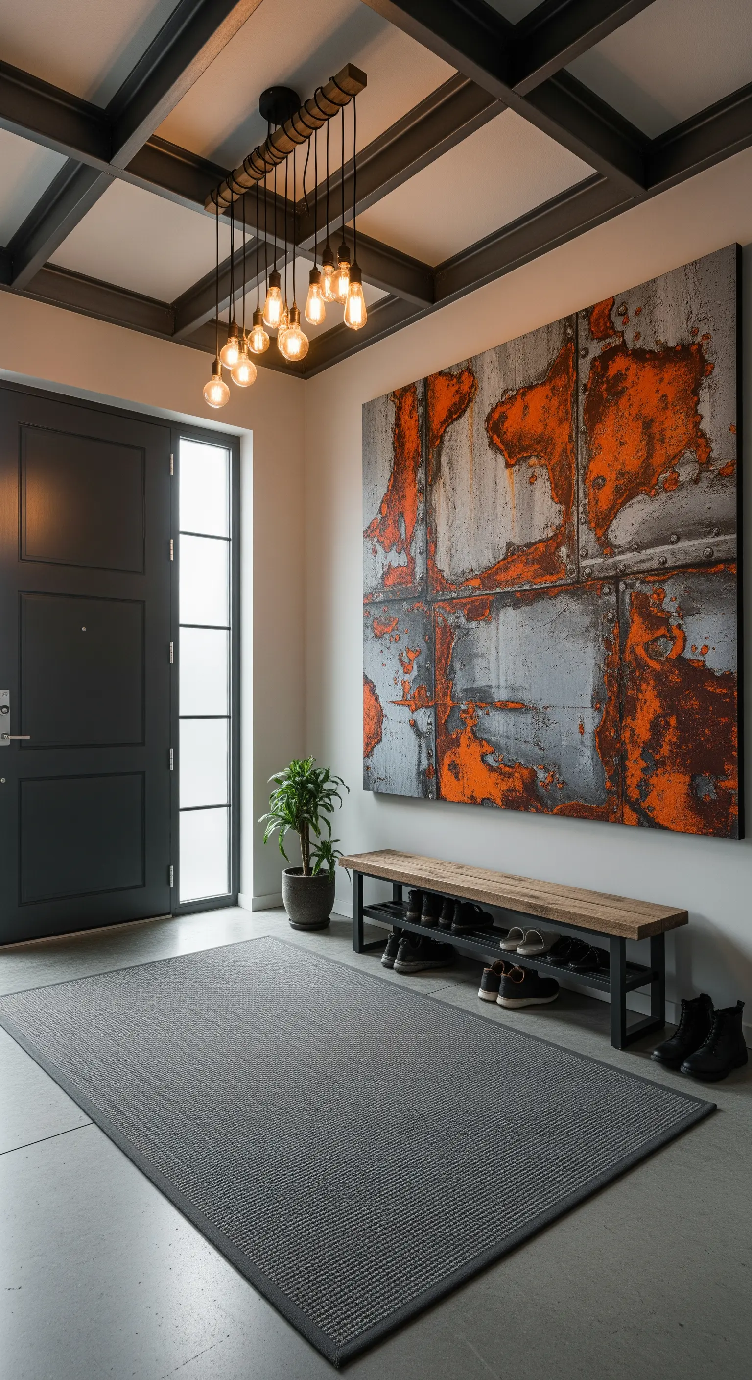 Ingresso in stile industriale con quadro effetto ruggine e soffitto a cassettoni scuro.