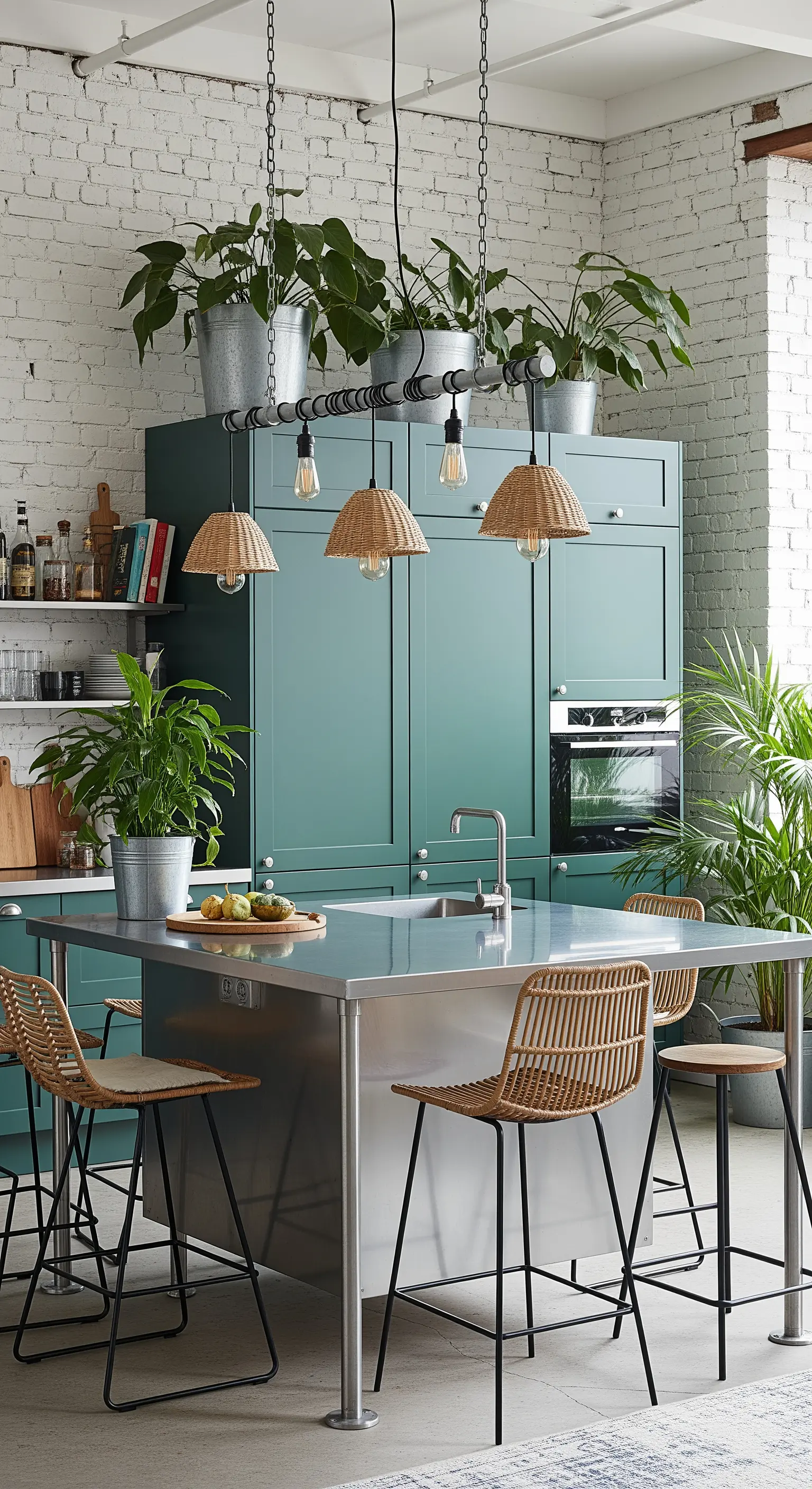 Cucina industrial con parete in mattoni, isola in acciaio, mobili verdi e tante piante.