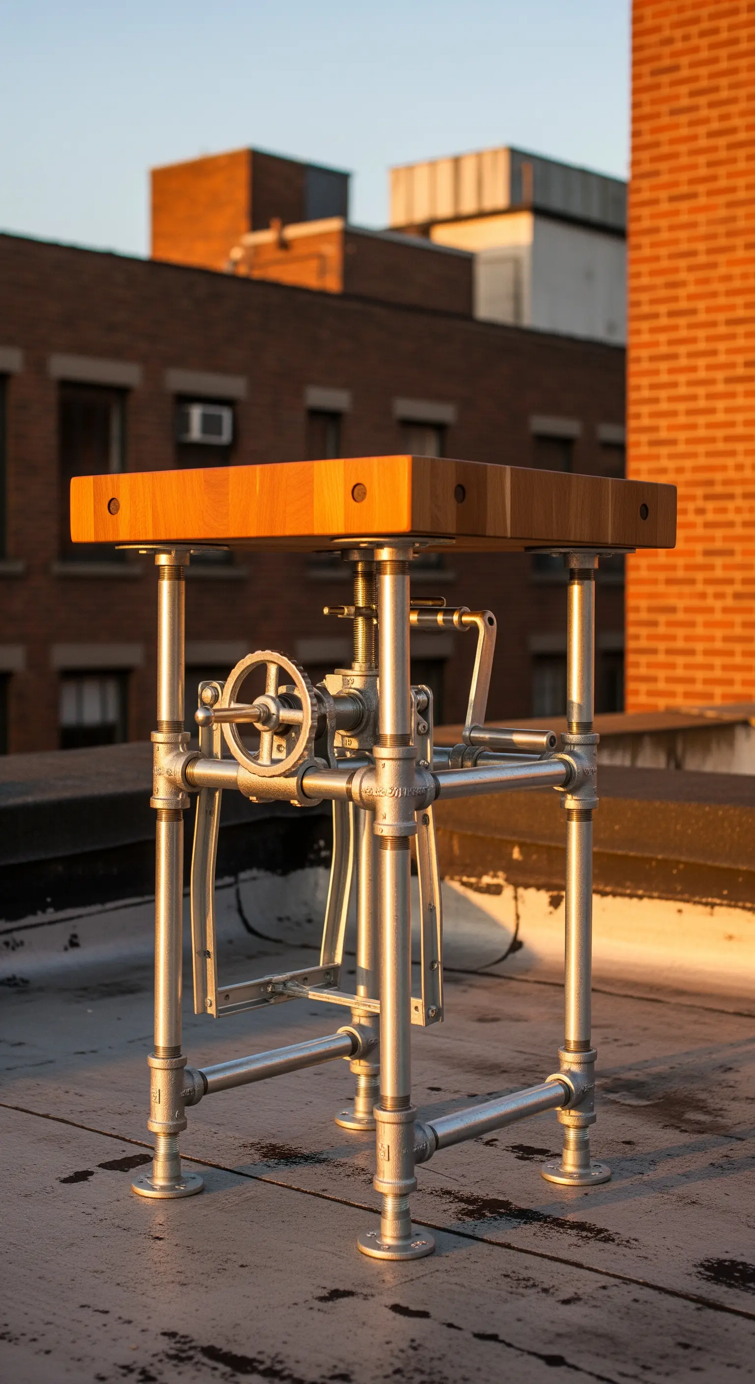 Tavolino da esterno con base in tubi d'acciaio industriali e piano in legno massiccio.