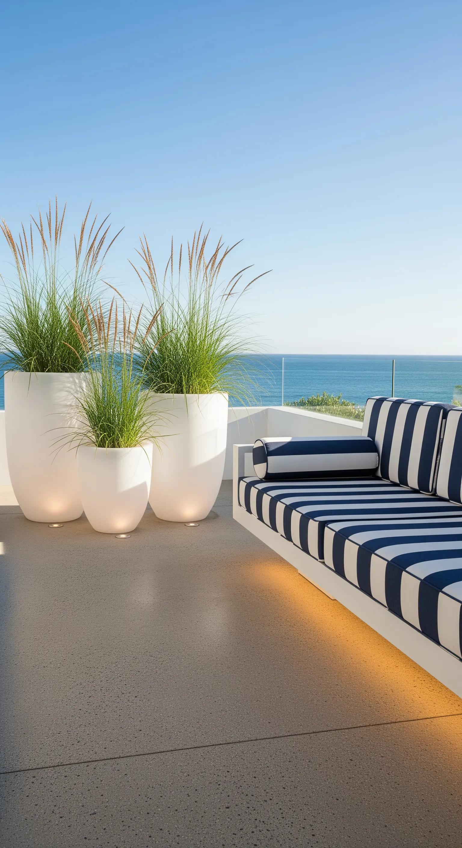 Terrazza vista mare con lettino a righe bianche e blu e grandi vasi bianchi illuminati.