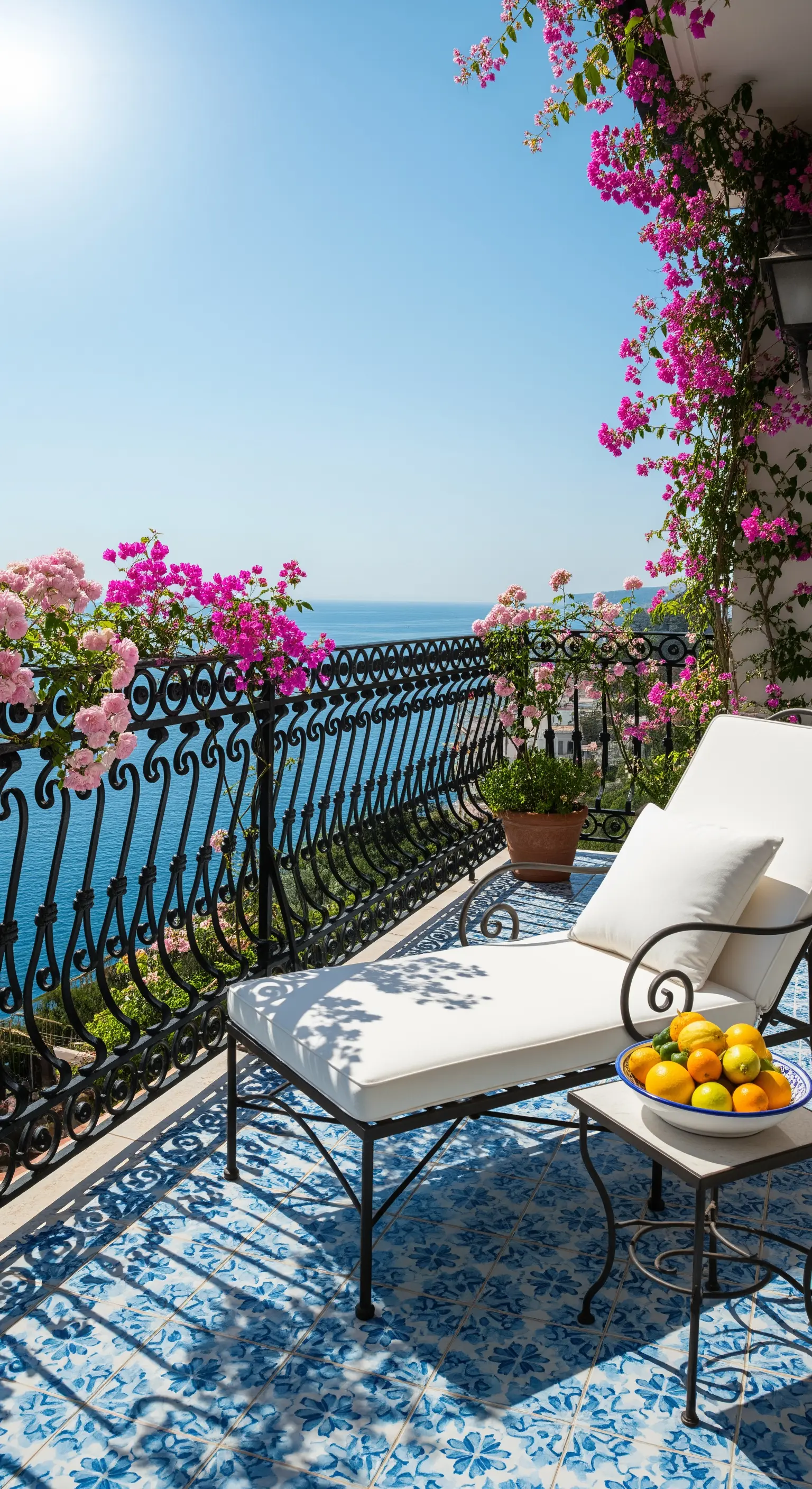 Balcone vista mare con piastrelle blu, chaise longue bianca e bouganville fucsia.