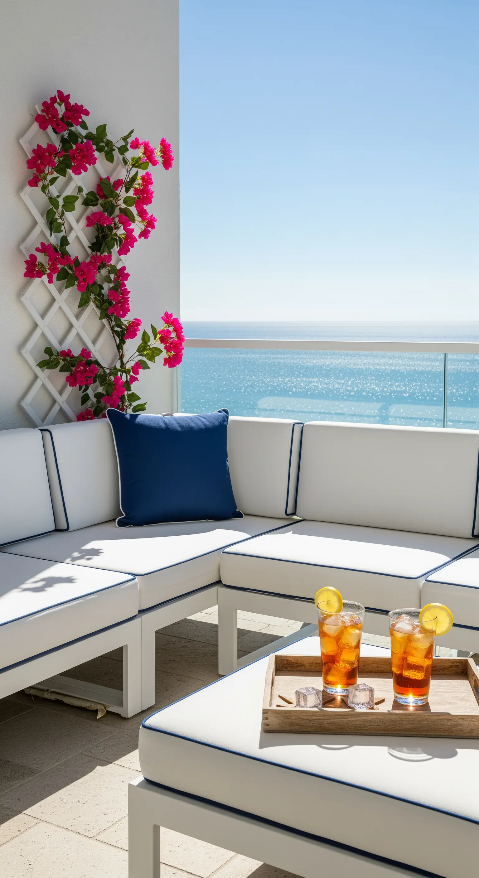 Balcone vista mare con divano bianco e profili blu, cuscino navy e bougainvillea artificiale.