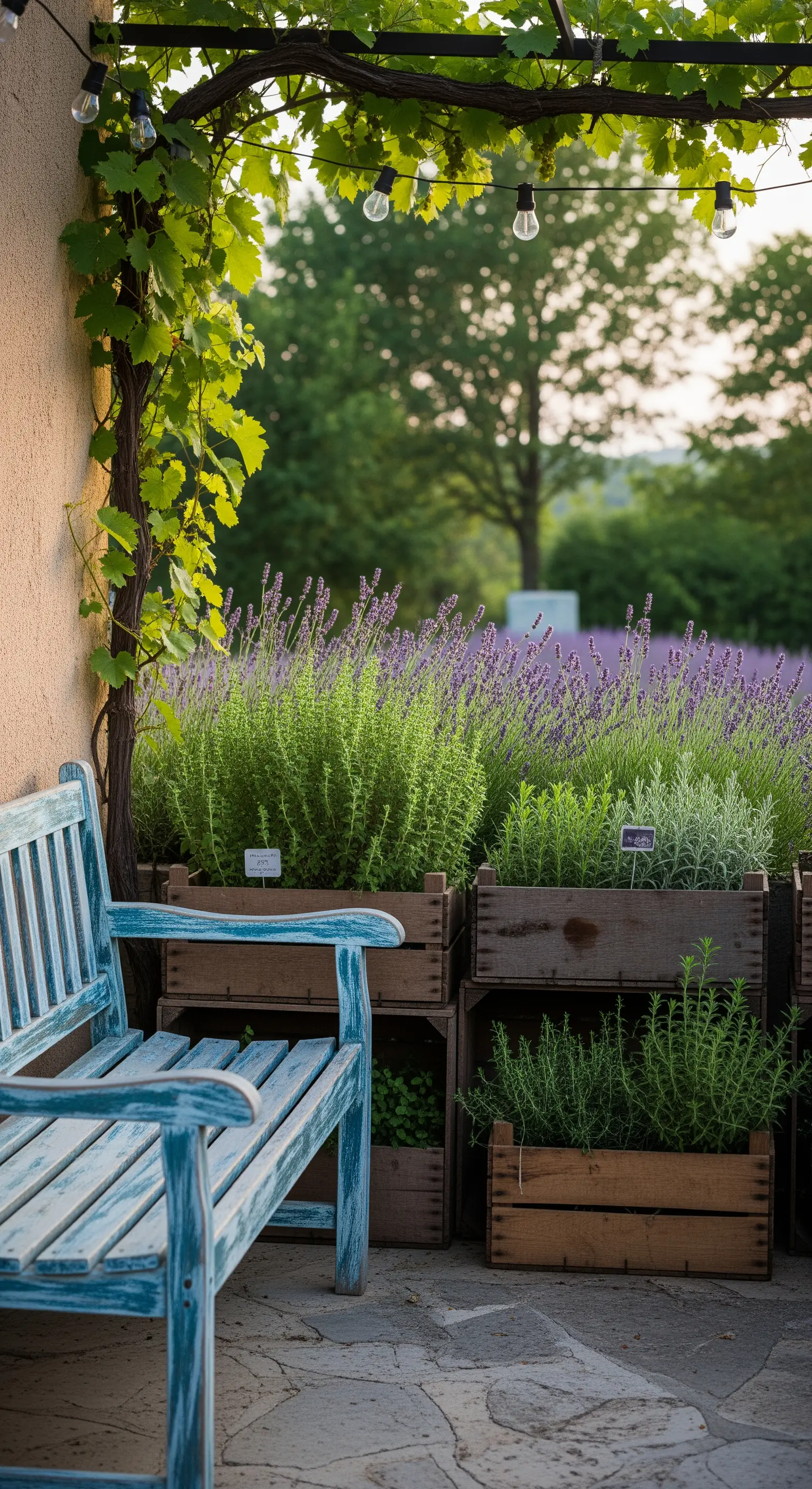Panchina blu in stile rustico accanto a cassette di legno usate come fioriere per la lavanda.