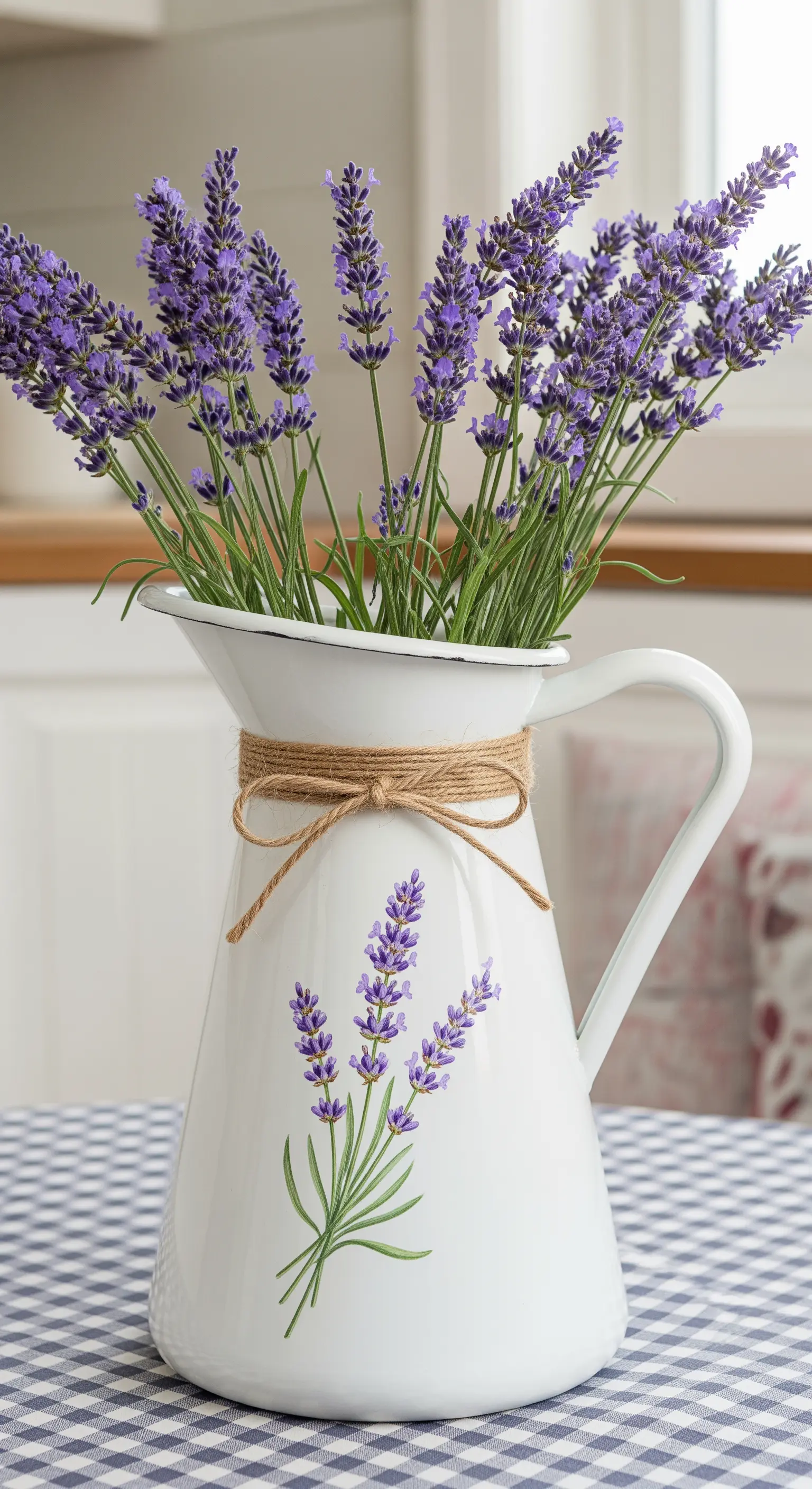 Brocca smaltata bianca con un disegno di lavanda e un fiocco di iuta legato al manico.