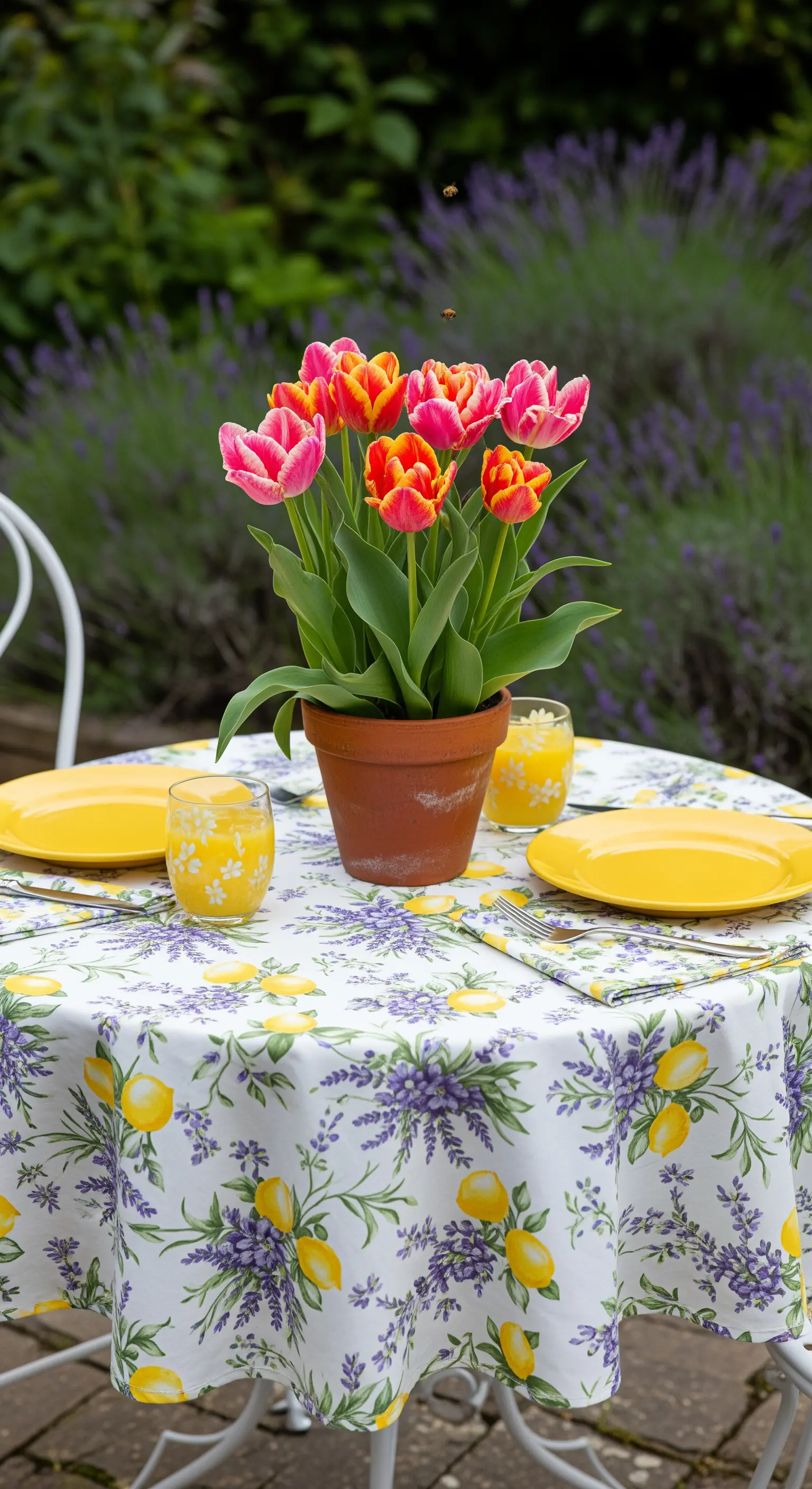 Tavolino per due con tovaglia a tema limoni e lavanda e tulipani in vaso di terracotta.