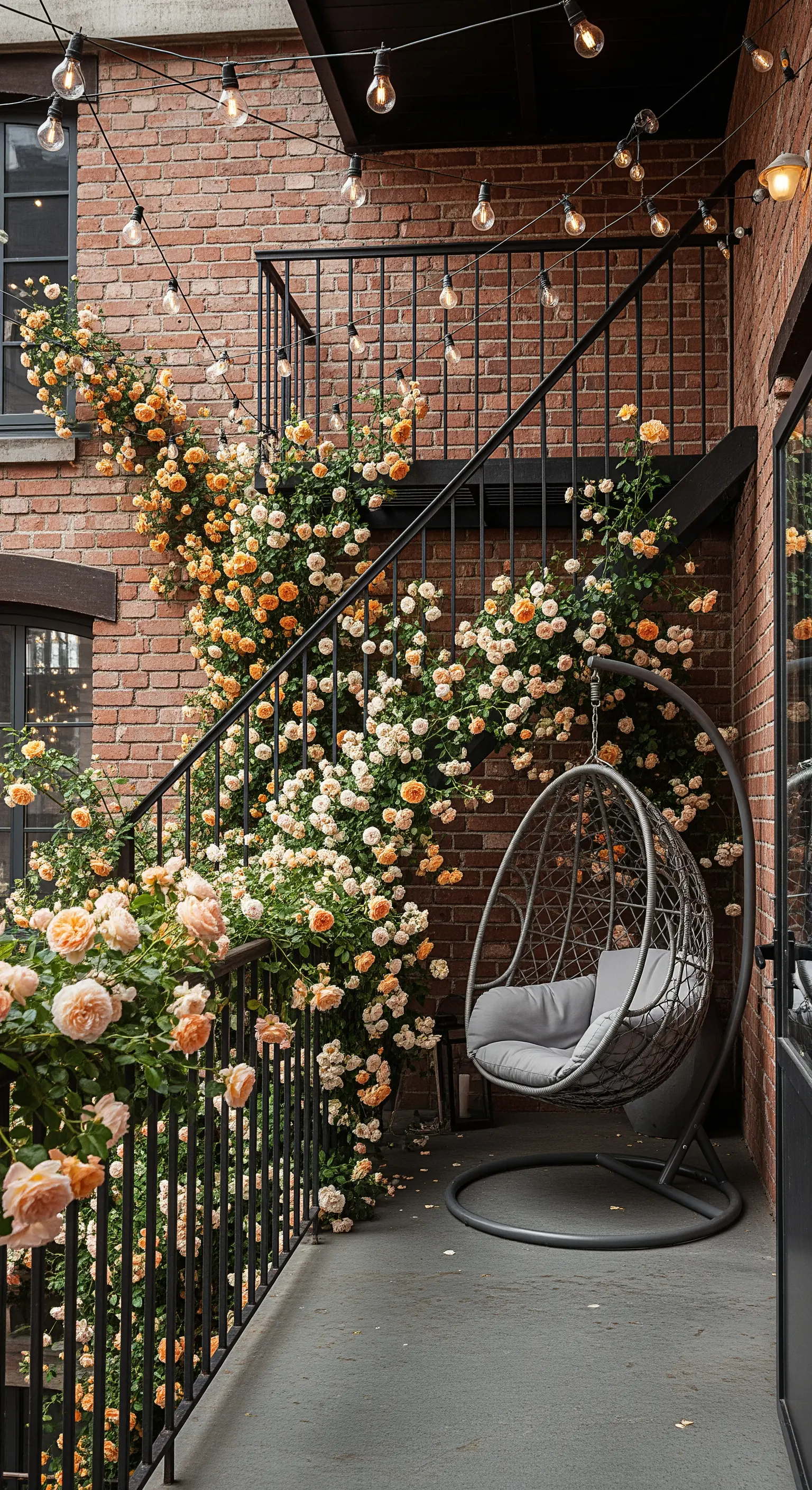 Balcone in stile industriale con parete in mattoni, sedia sospesa e rose rampicanti.