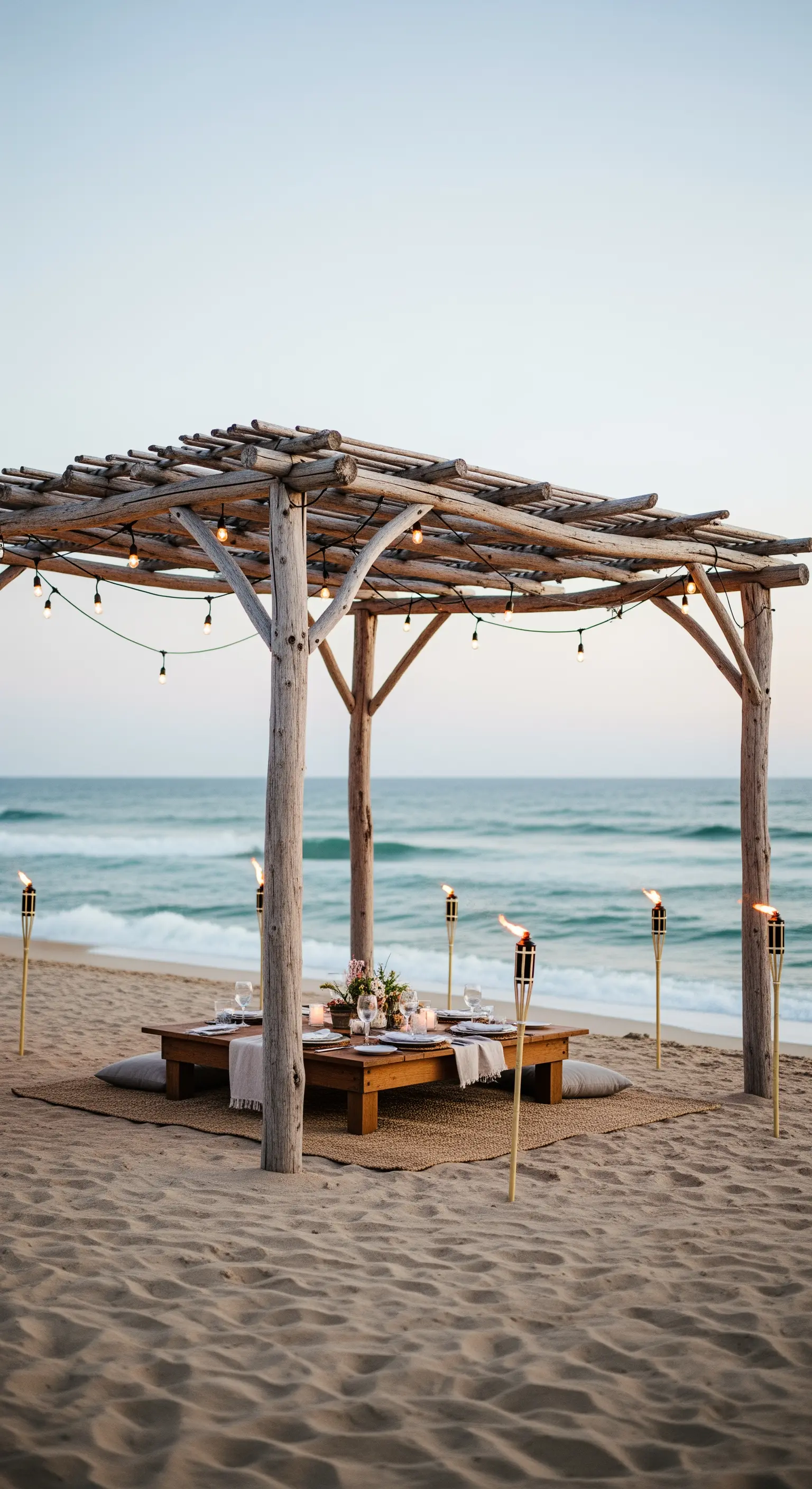 Pergola rustica in legno sulla spiaggia con tavolo basso, cuscini e torce tiki accese.
