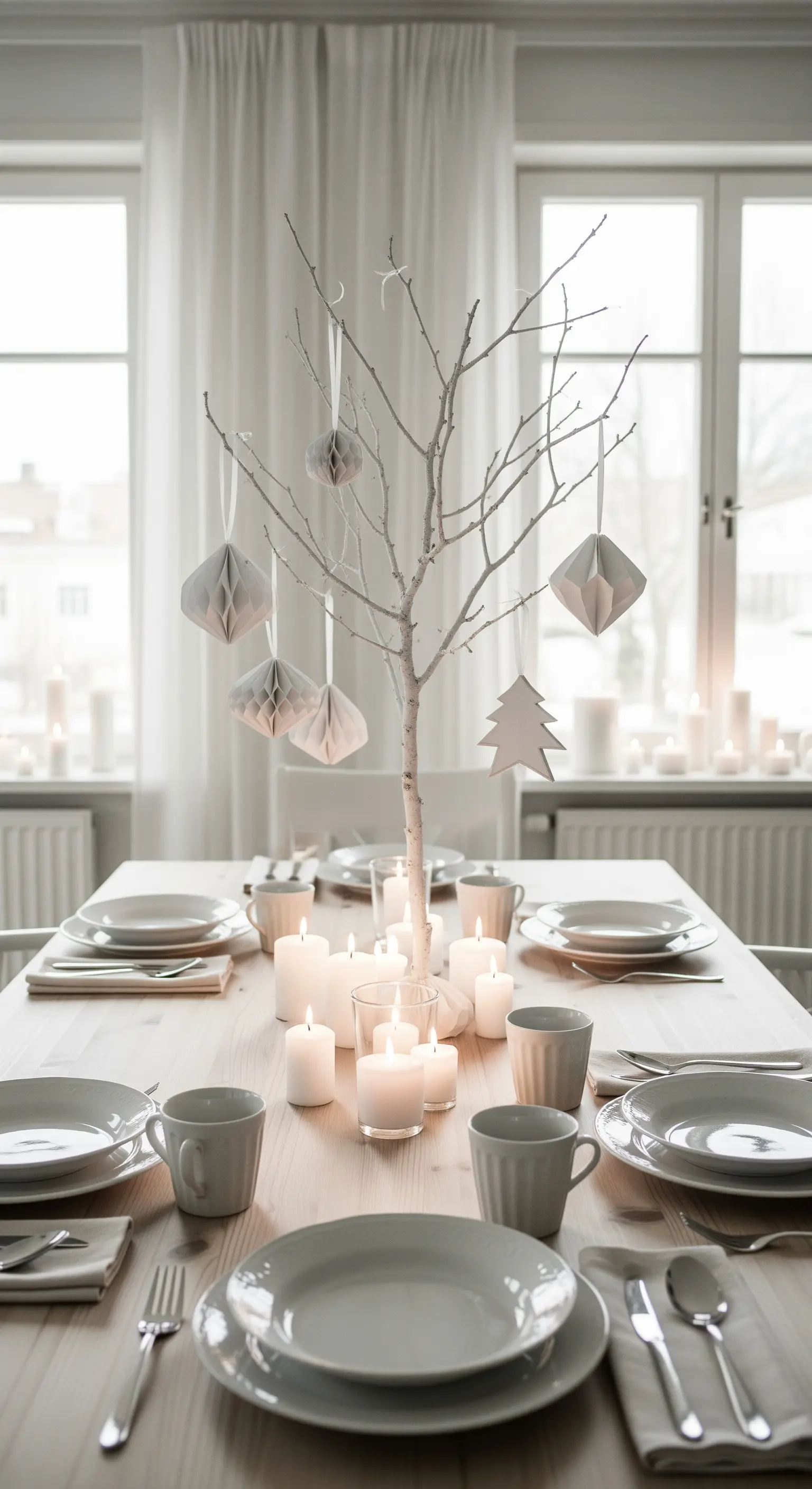 Centrotavola natalizio con rami bianchi e decorazioni di carta in stile scandinavo.