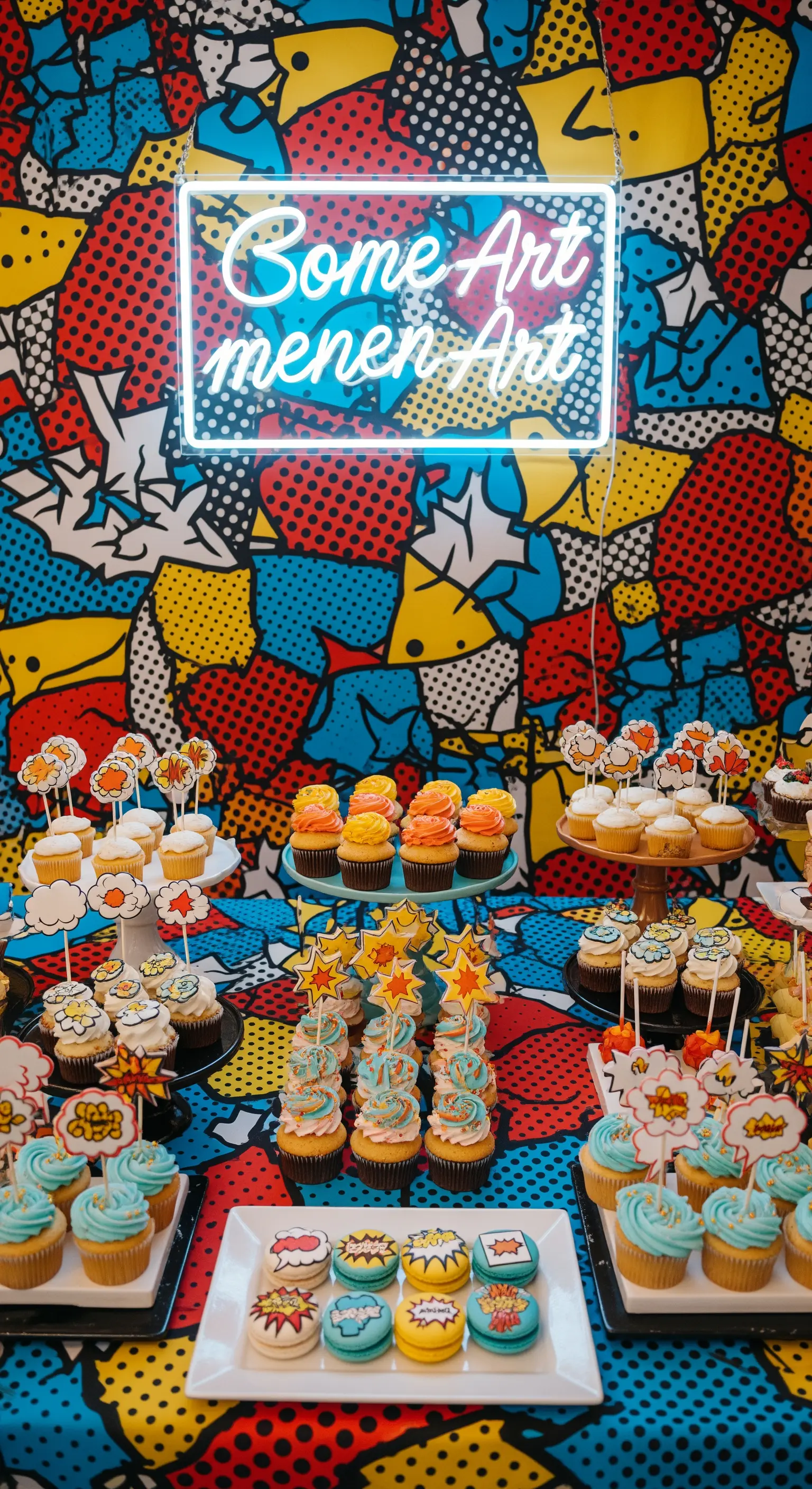 Sweet table a tema Pop Art con cupcake e dolci colorati davanti a un backdrop a fumetti.