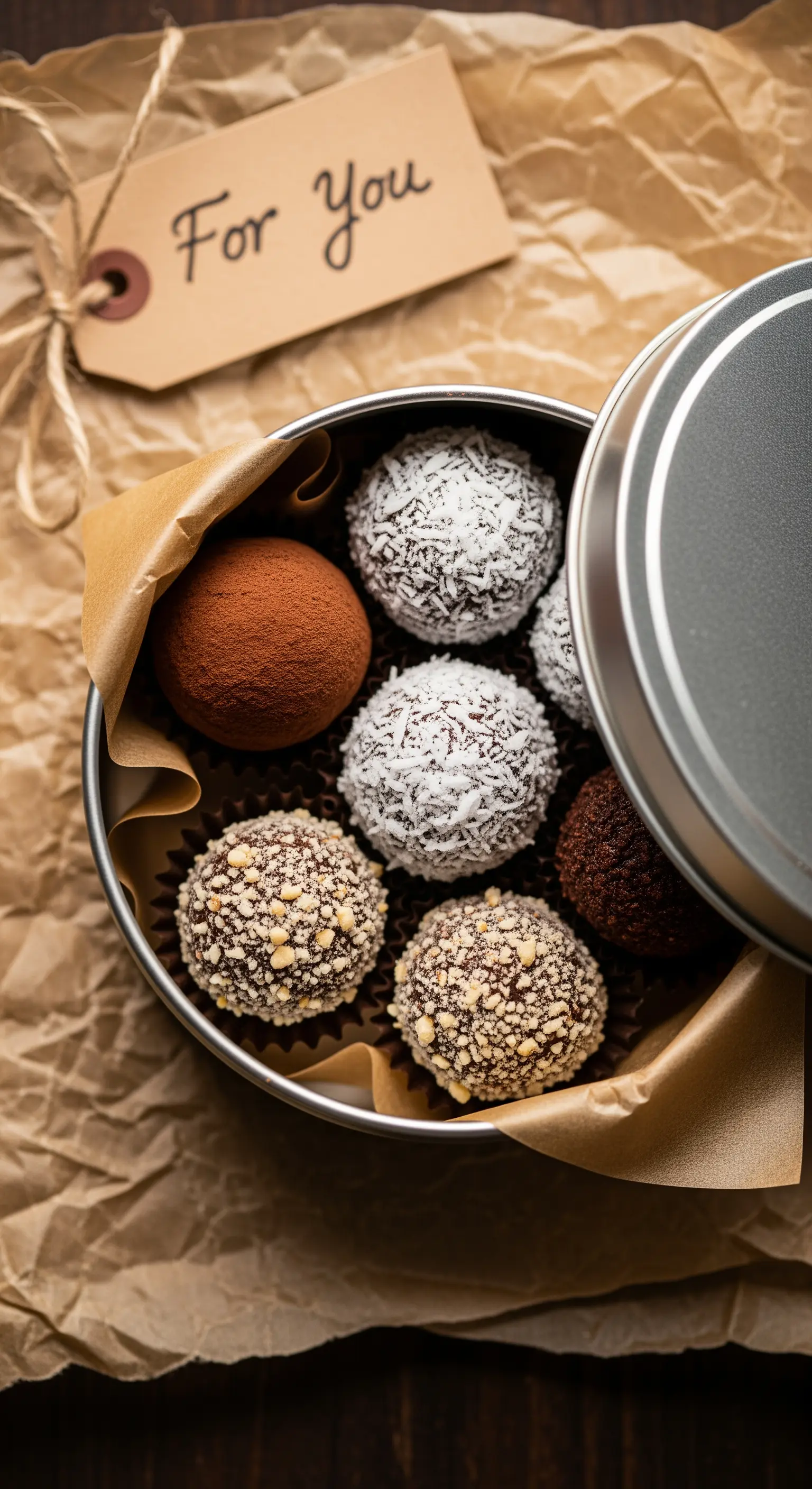 Tartufi al cioccolato assortiti in una scatola di latta rotonda aperta.