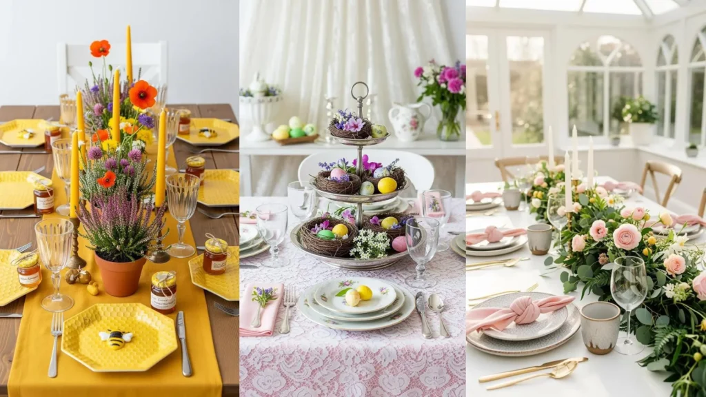 Tre splendide tavole country per Pasqua, decorate con fiori di campo vivaci e piatti rustici a tema.
