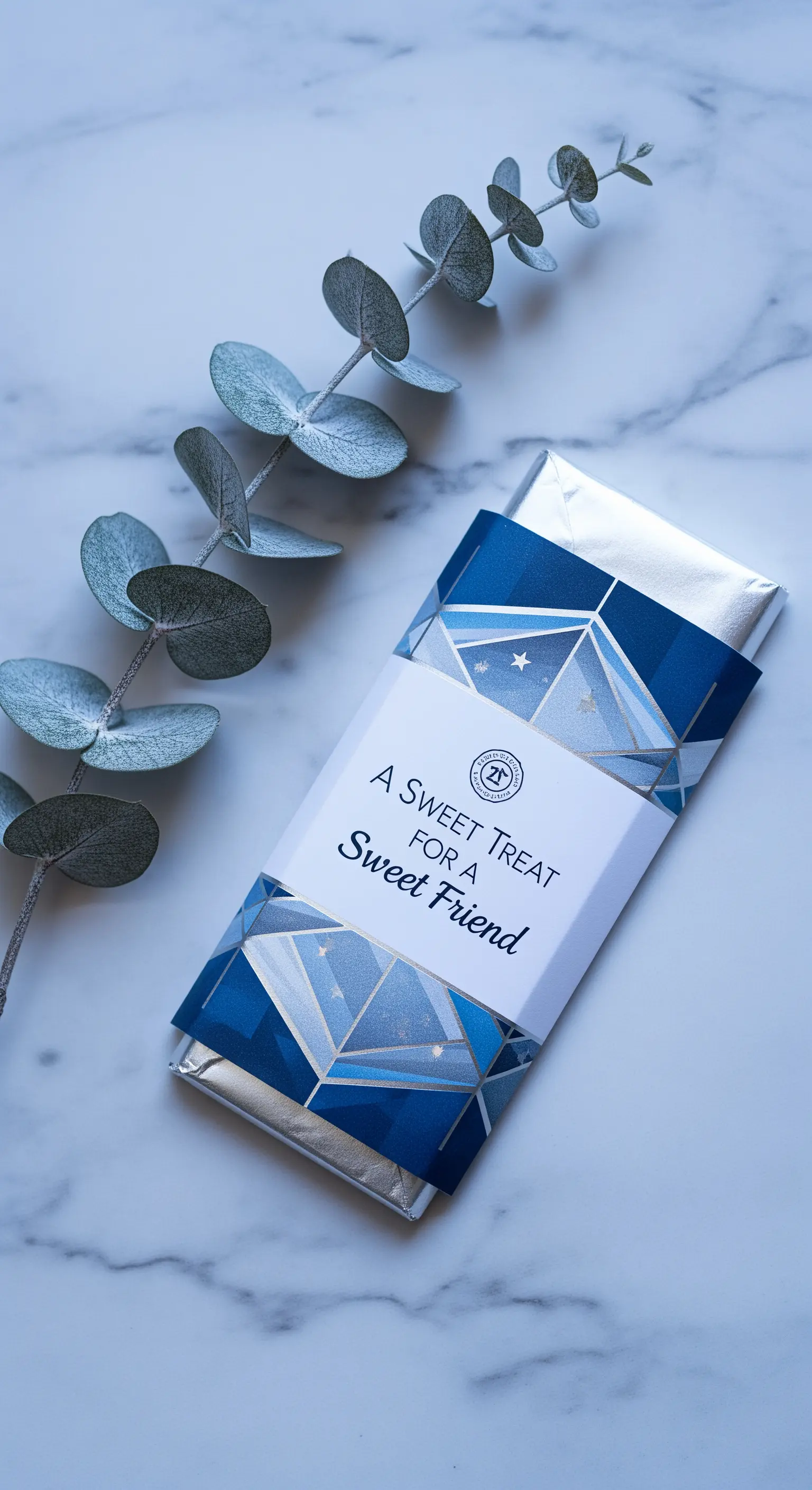 Tavoletta di cioccolato con una confezione personalizzata blu e argento su sfondo di marmo.