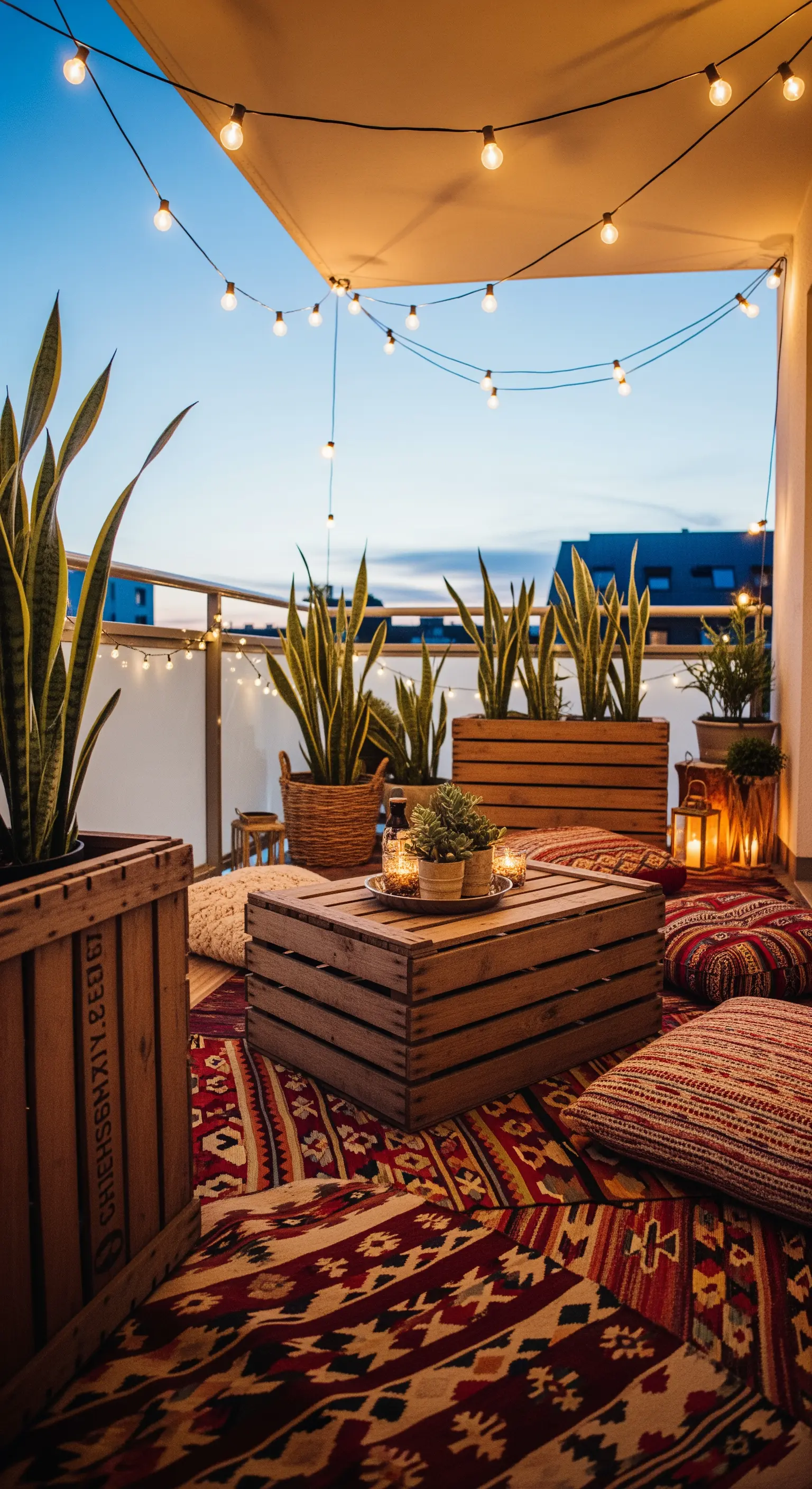 Balcone bohémien con una cassetta di legno usata come tavolino, circondata da cuscini e piante.