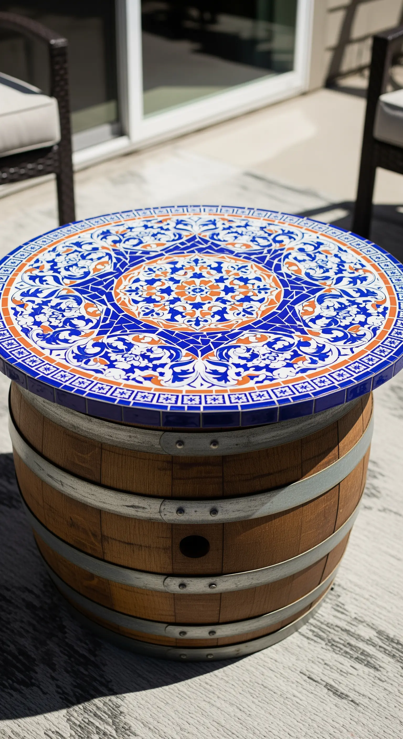 Botte di rovere usata come base per un tavolino con piano a mosaico blu e arancione.