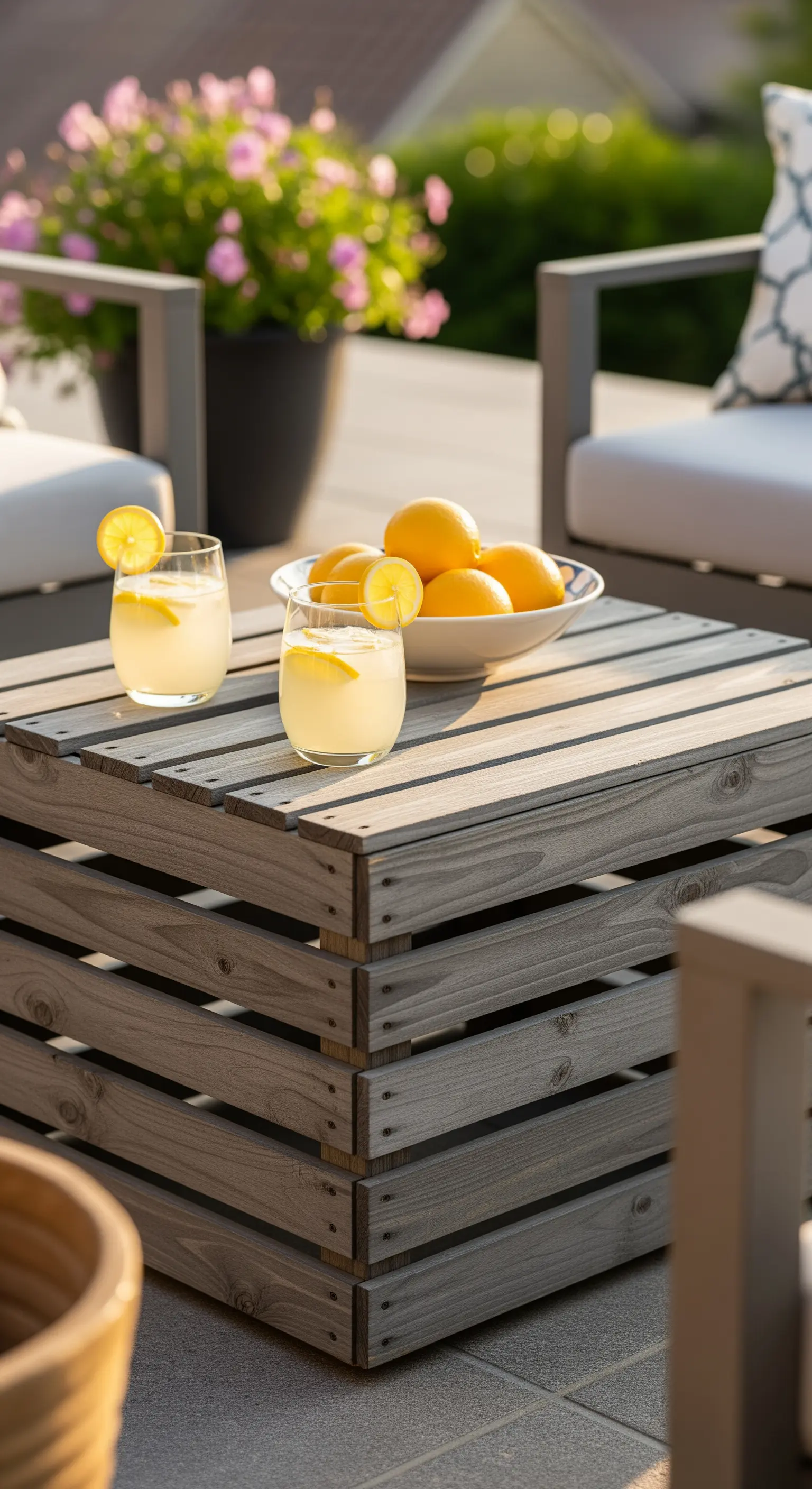Tavolino da esterno in legno grigio, composto da quattro cassette, con limonate appoggiate sopra.