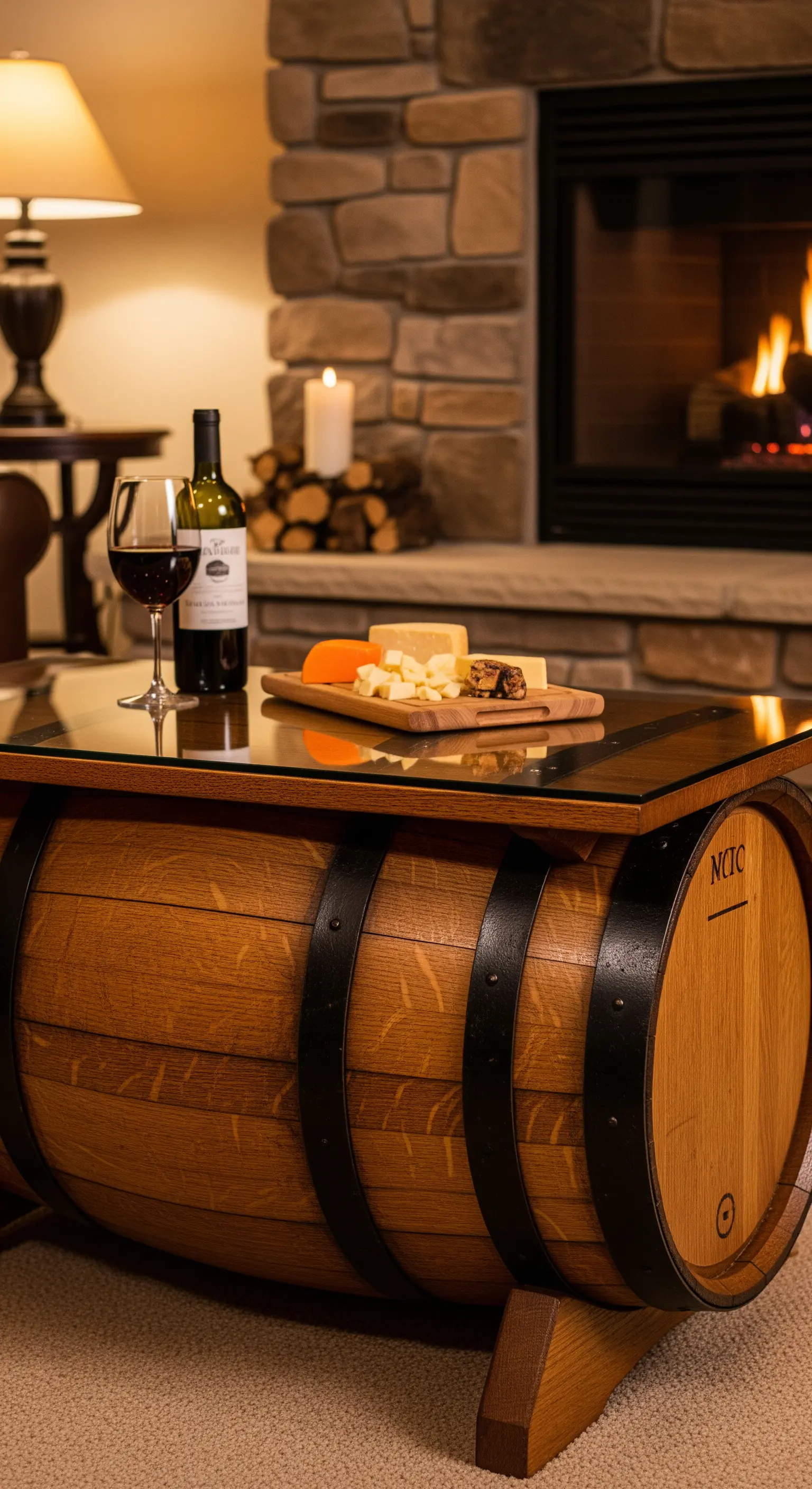 Tavolino da caffè realizzato con una botte di vino in legno e un piano in vetro.