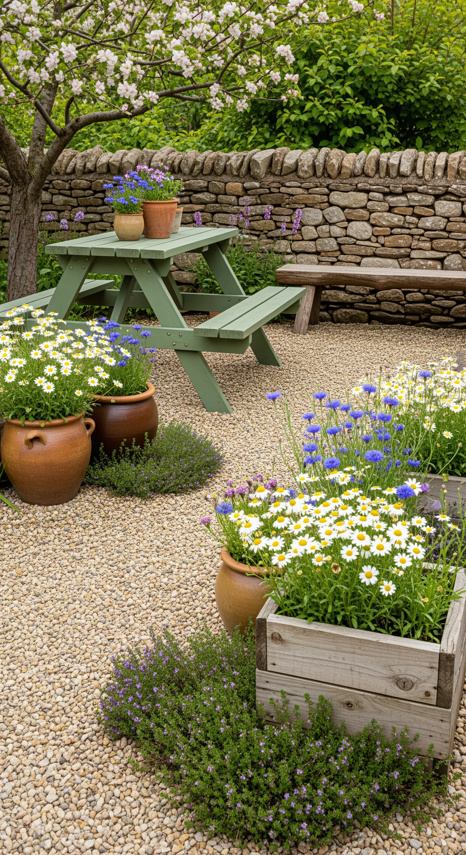 Tavolo da picnic verde salvia su un patio di ghiaia, circondato da fiori di campo in vaso.