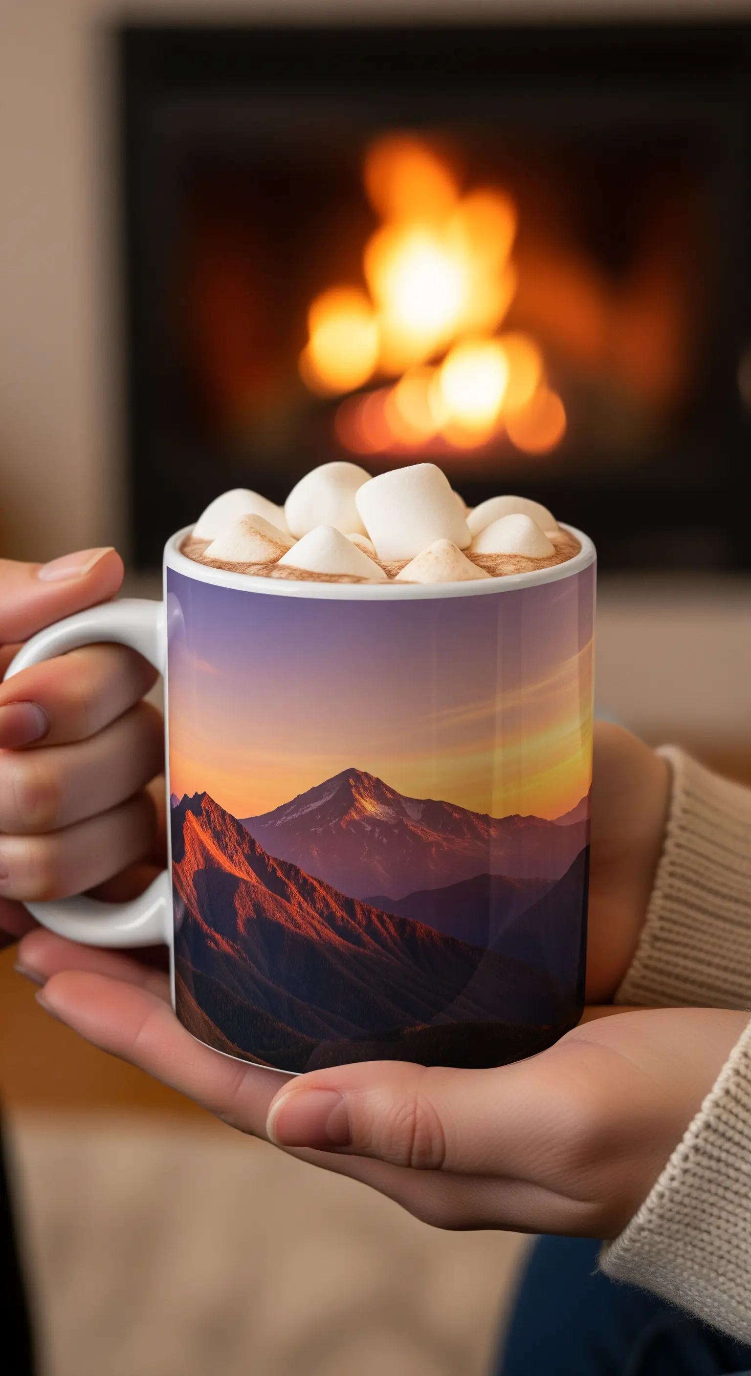 Tazza personalizzata con la foto di un paesaggio montano al tramonto, tenuta tra le mani.