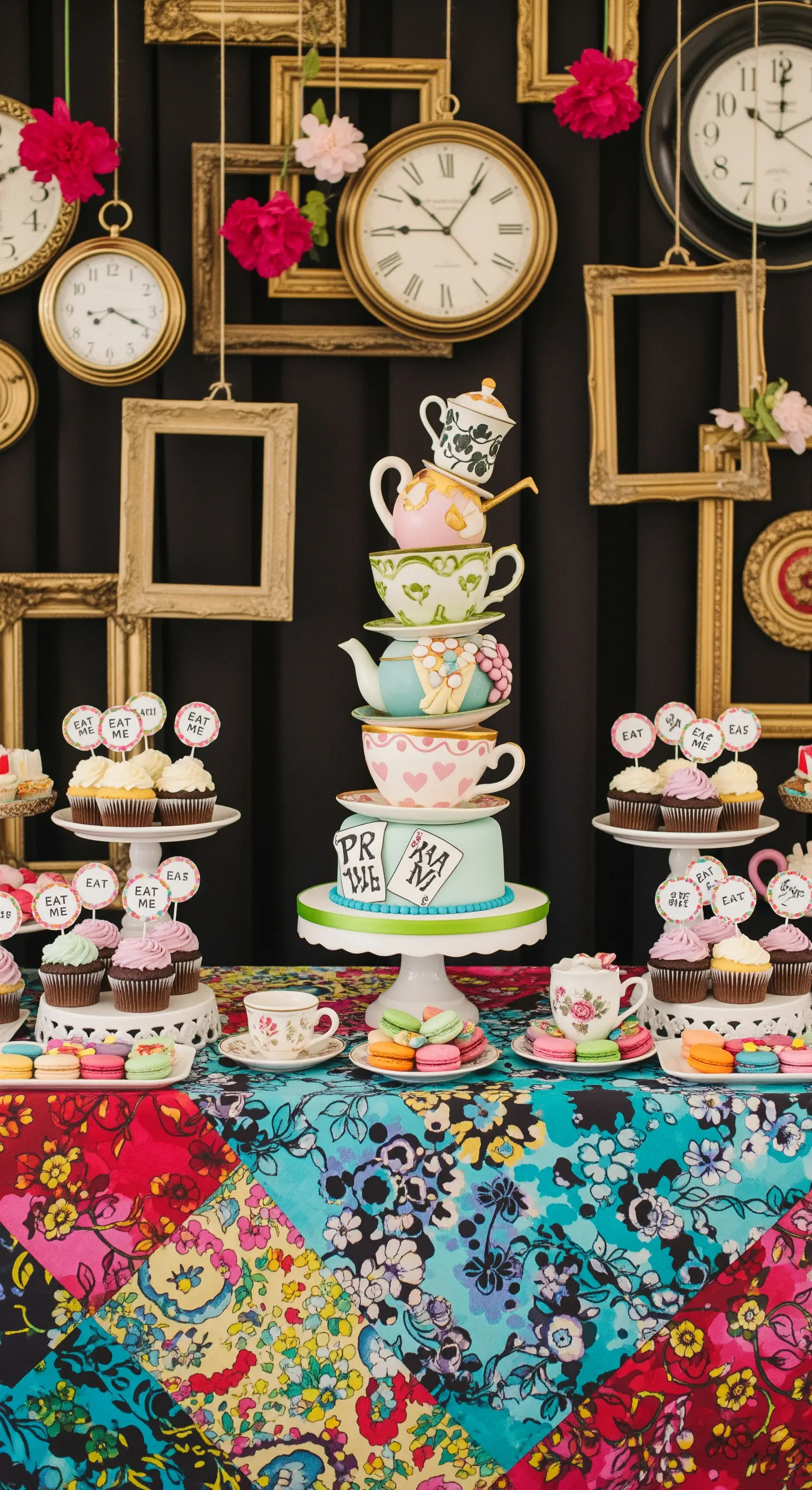 Sweet table a tema Alice nel Paese delle Meraviglie con torta a forma di tazzine e orologi