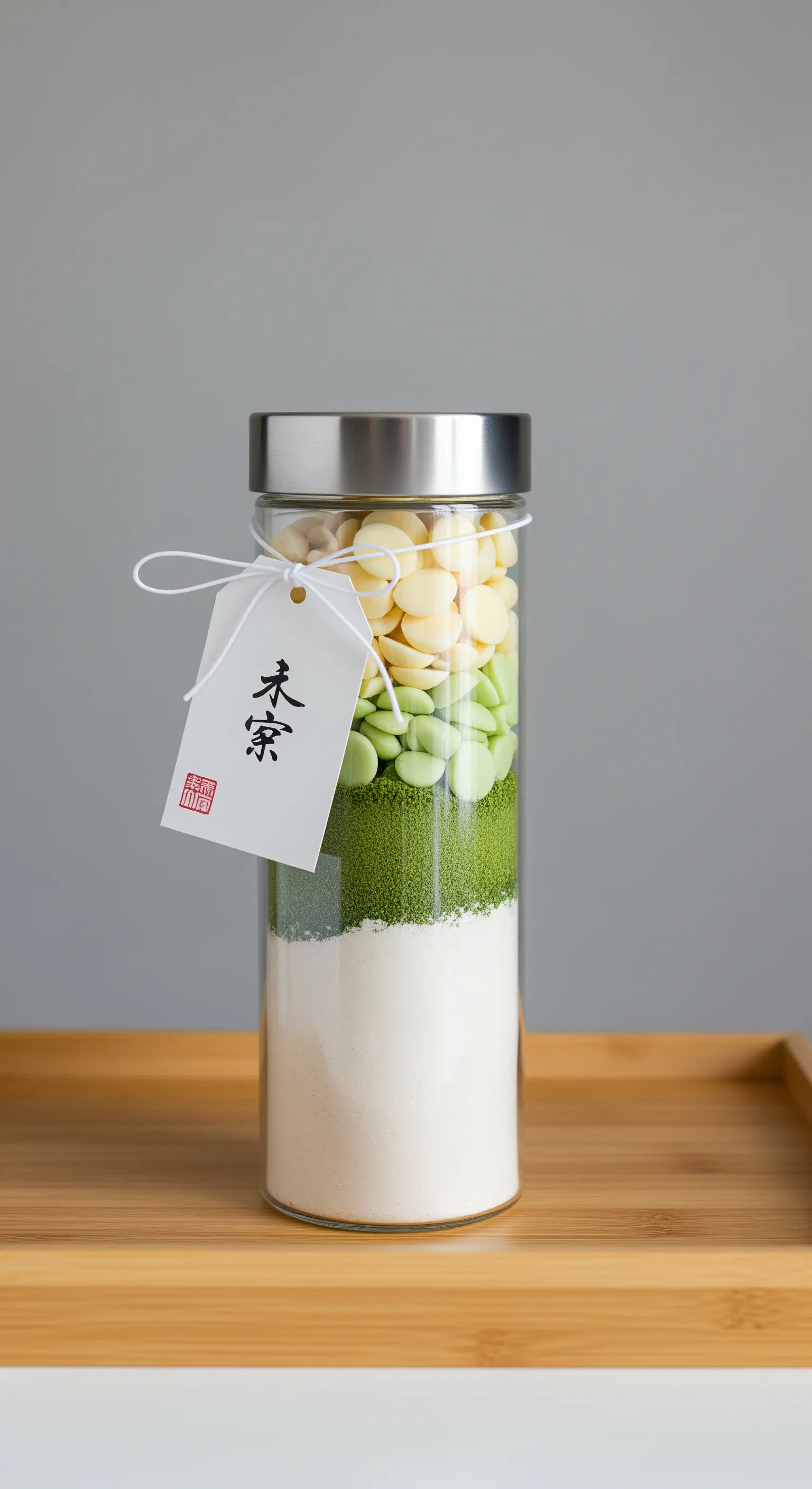 Barattolo di preparato per biscotti al tè matcha e cioccolato bianco in stile minimalista.