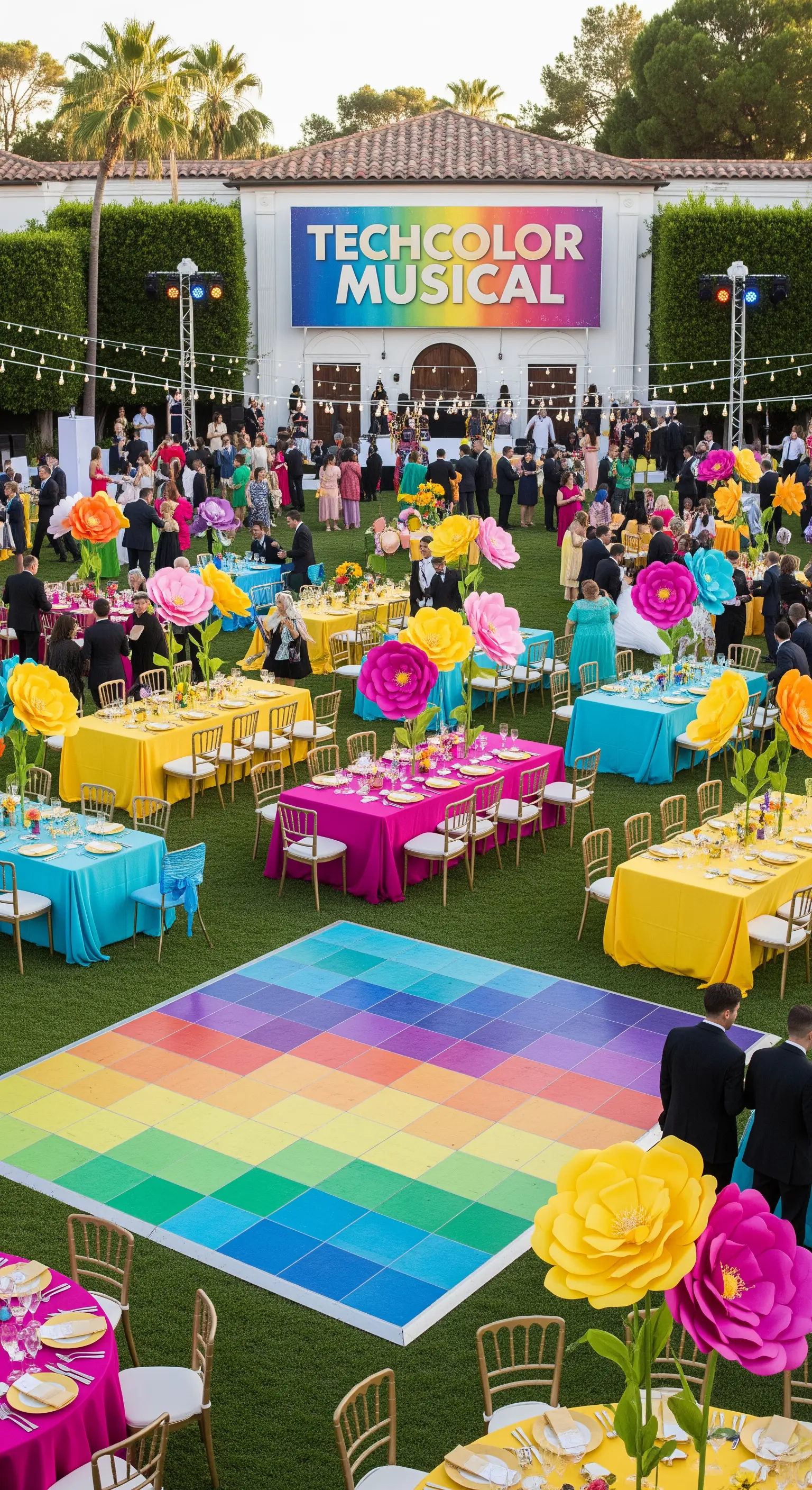 Ricevimento all'aperto super colorato con tavoli fucsia e gialli, fiori giganti e pista arcobaleno