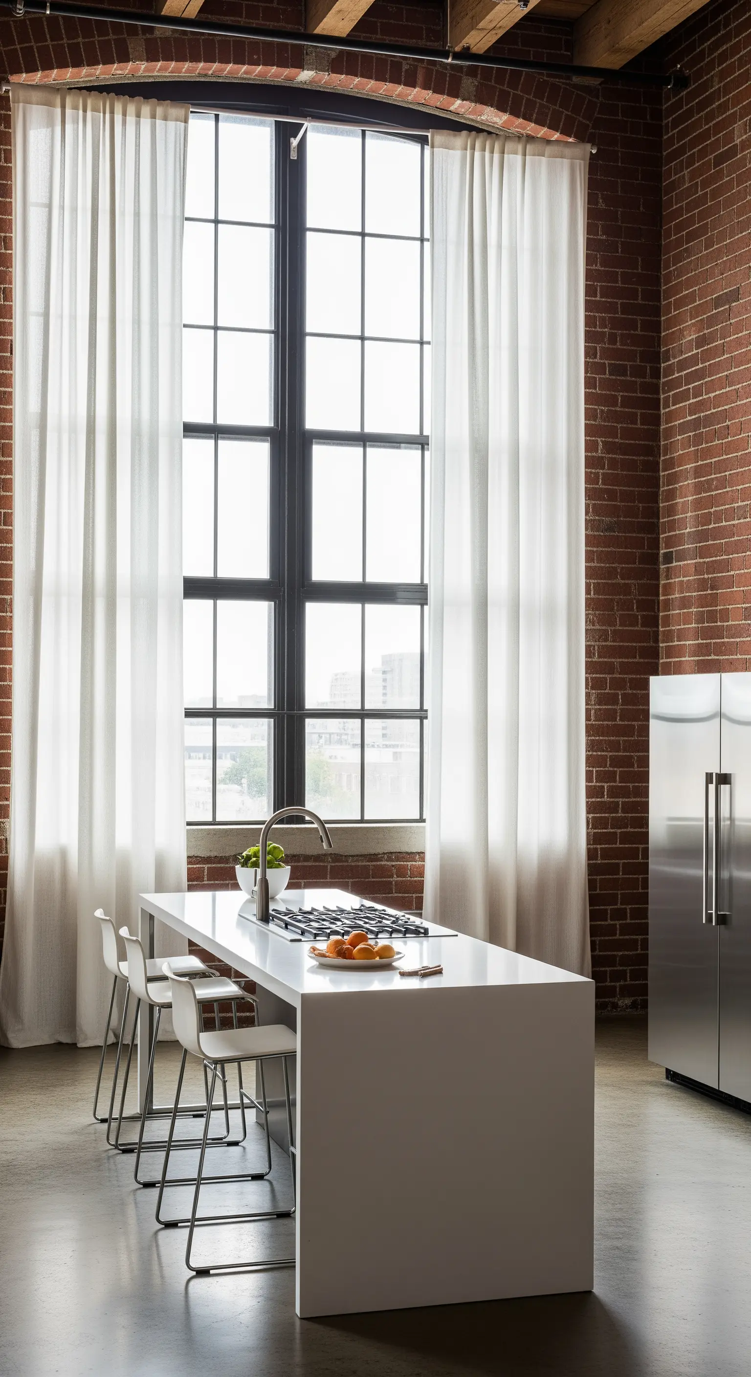 Cucina in un loft industriale con tende bianche a tutta altezza e isola bianca.