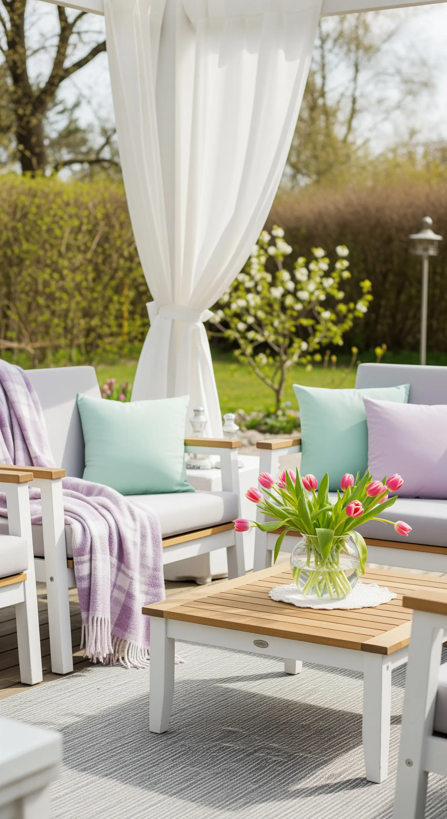 Patio con pergola, tende bianche fluttuanti, arredi chiari e cuscini color pastello.