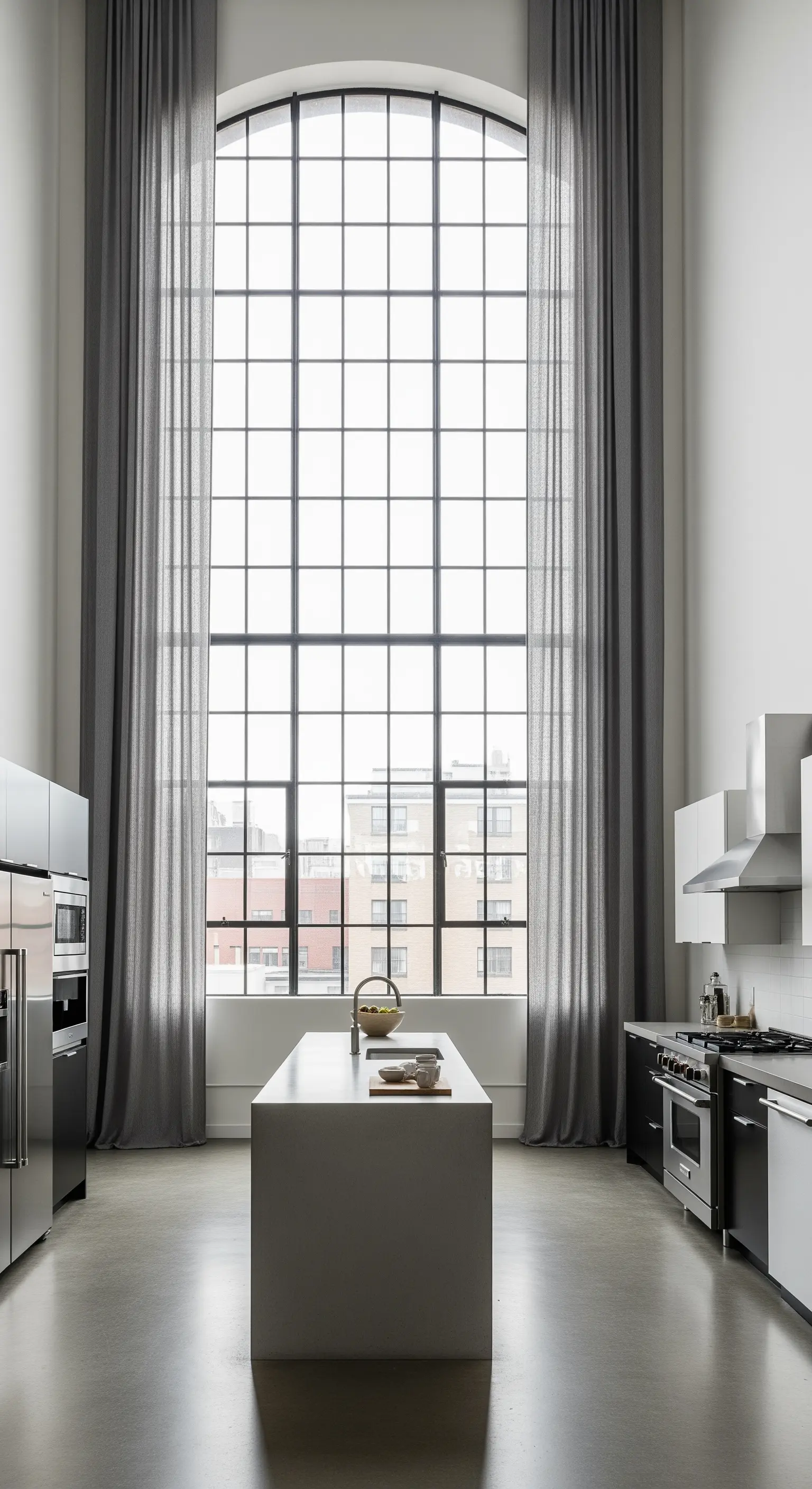 Cucina in un loft con finestra industriale ad arco e tende grigie a tutta altezza.