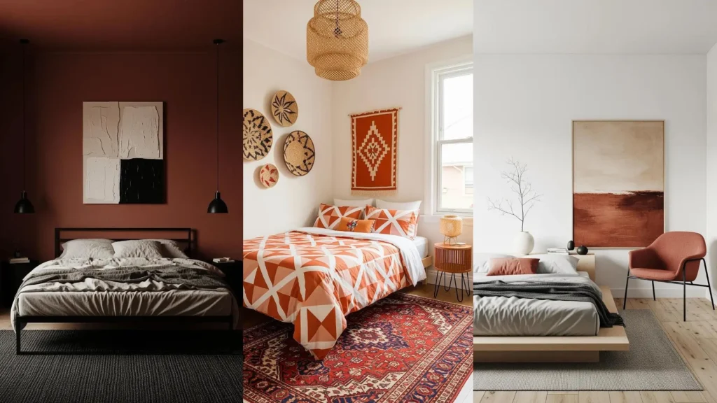 Camere da letto in stile mediterraneo con pareti color terracotta e dettagli in fibre grezze che creano un'atmosfera calda.