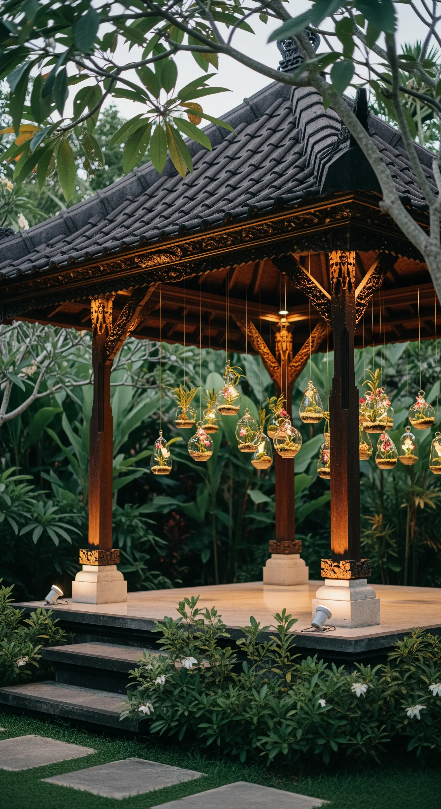 Gazebo in legno scuro con piccoli terrari di vetro appesi, contenenti fiori e piante.