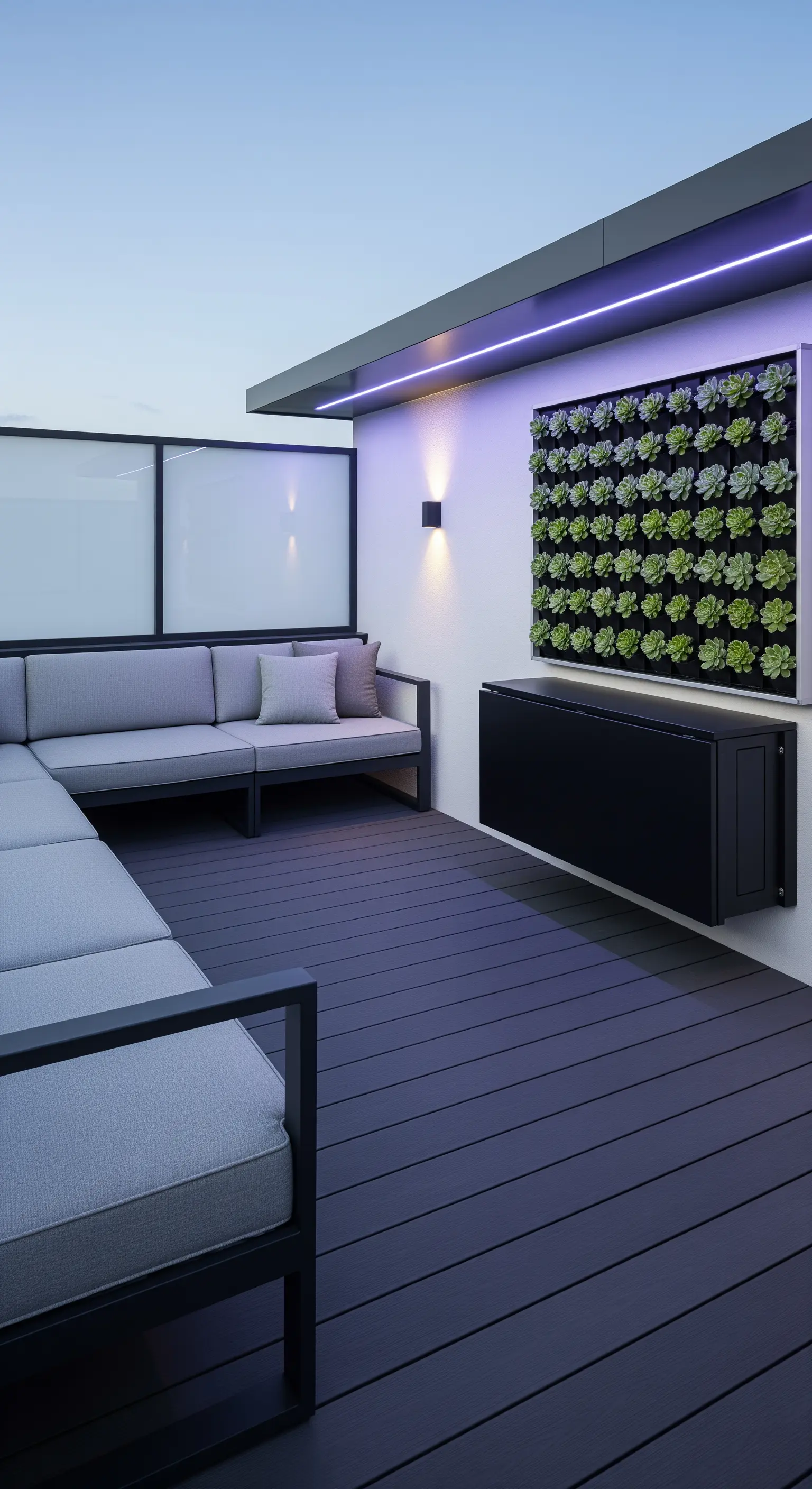 Terrazza moderna con illuminazione LED, divano grigio e tavolo a ribalta a parete