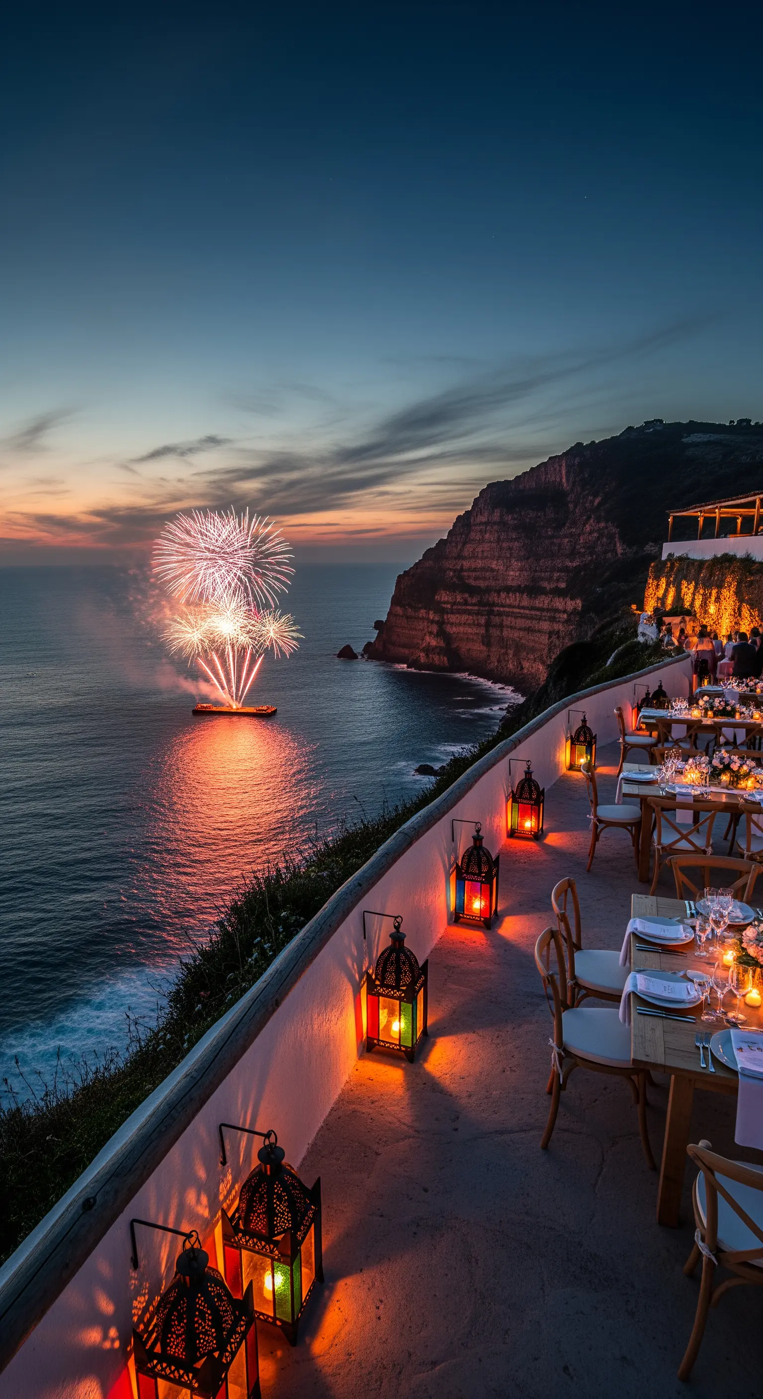 Cena su una terrazza a picco sul mare al tramonto, con lanterne colorate e fuochi d'artificio